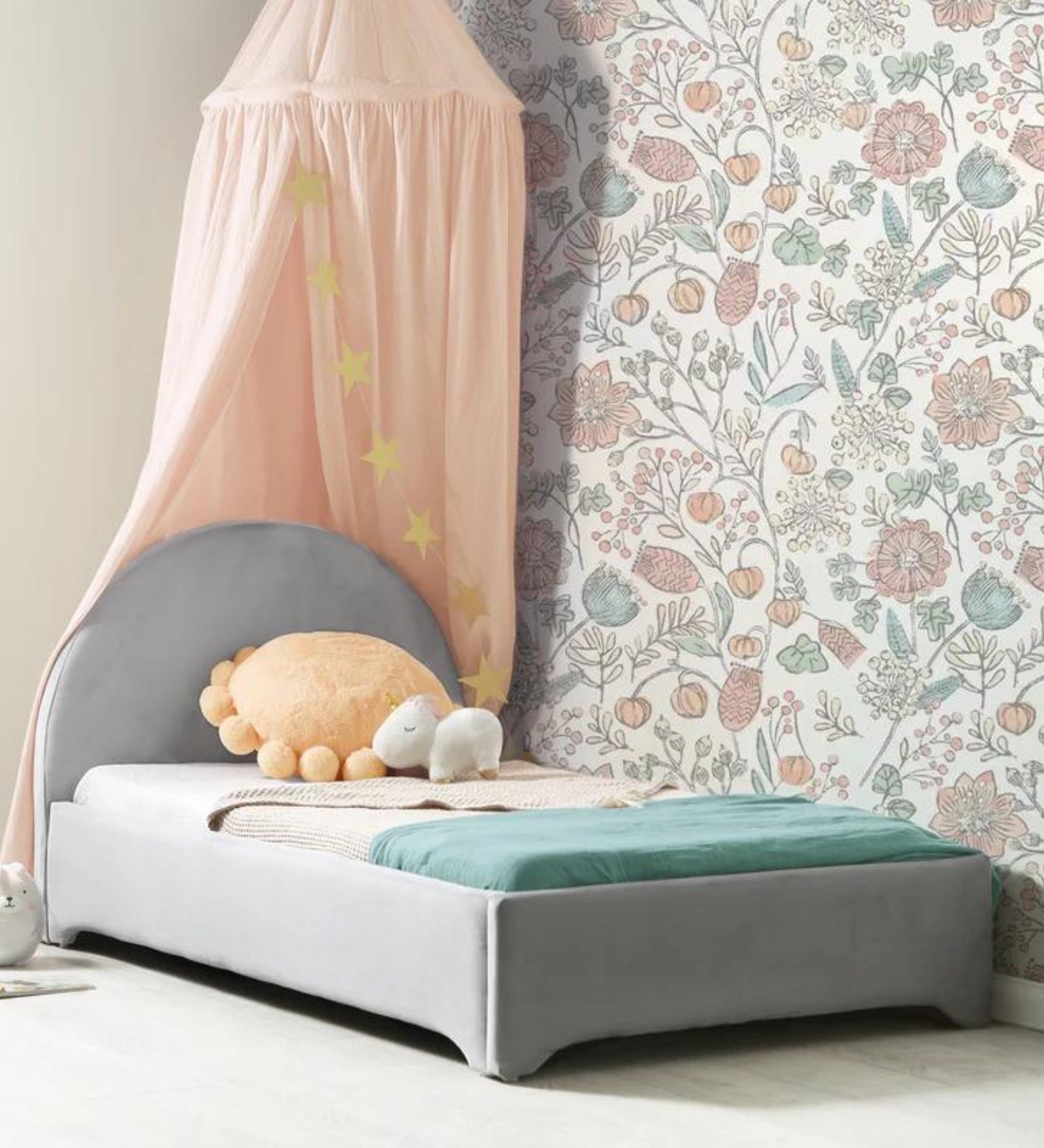 Umma Velvet Single Size Bed In Light Grey Colour - Febonic Living