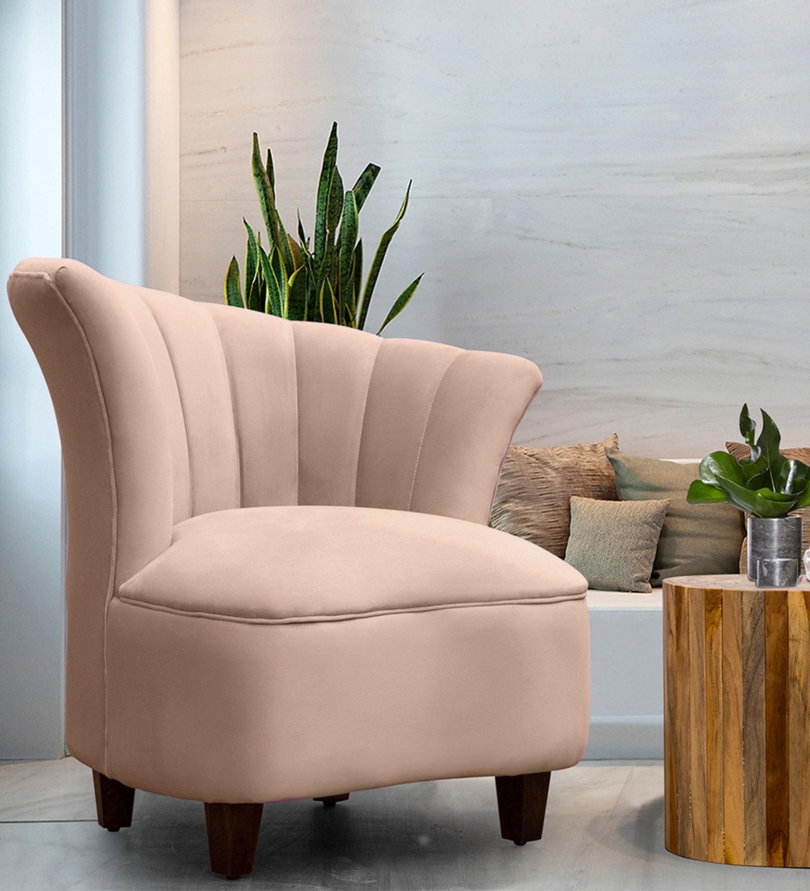 Davo Velvet Slipper Chair in Camel Beige Colour - Febonic Living