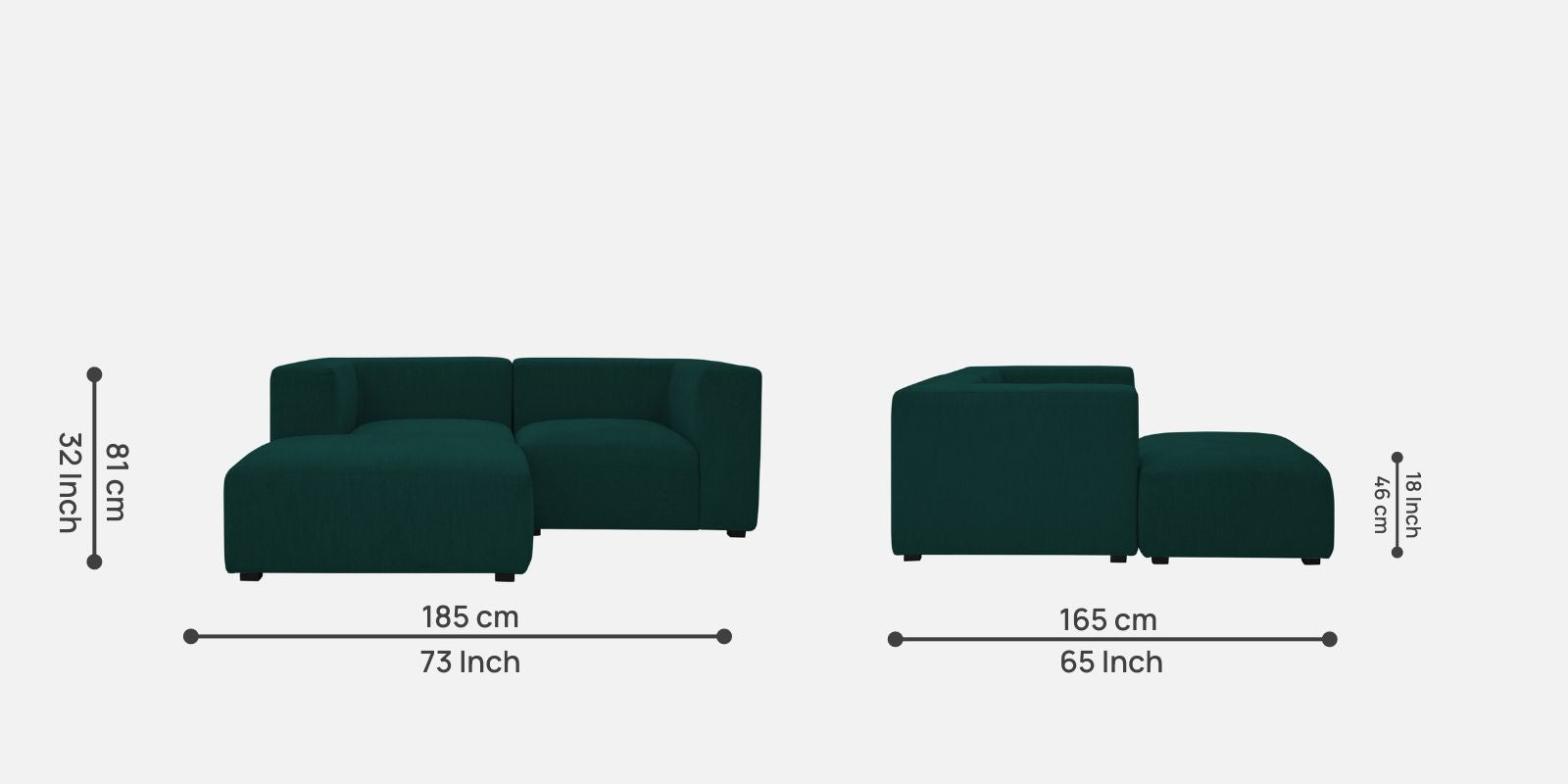 Dora Velvet RHS Sectional Sofa (2+Ottoman Lounger) In Forest Green Colour - Febonic Living