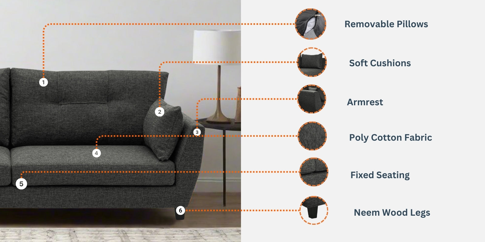 Mario Fabric 3 Seater Sofa In Ash Grey Colour - Febonic Living