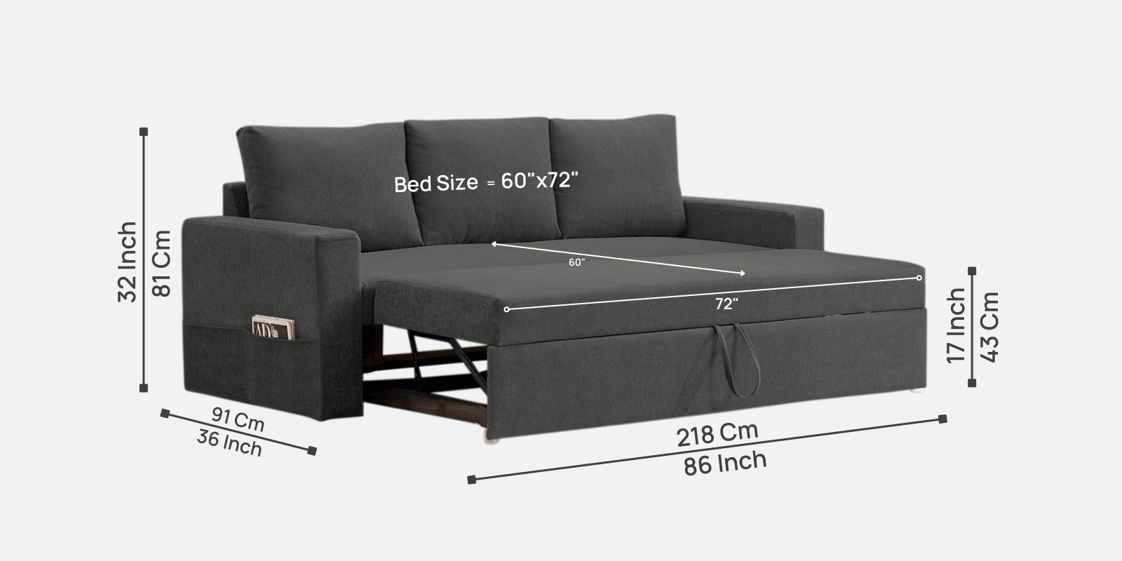 Kara Fabric 3 Seater Pull Out Sofa Cum Bed In Charcoal Gray Colour - Febonic Living