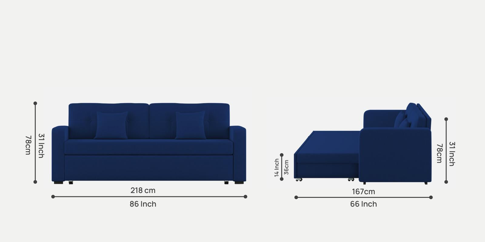 Rocky Fabric 3 Seater Pull Out Sofa Cum Bed In Royal Blue Colour With Storage - Febonic Living