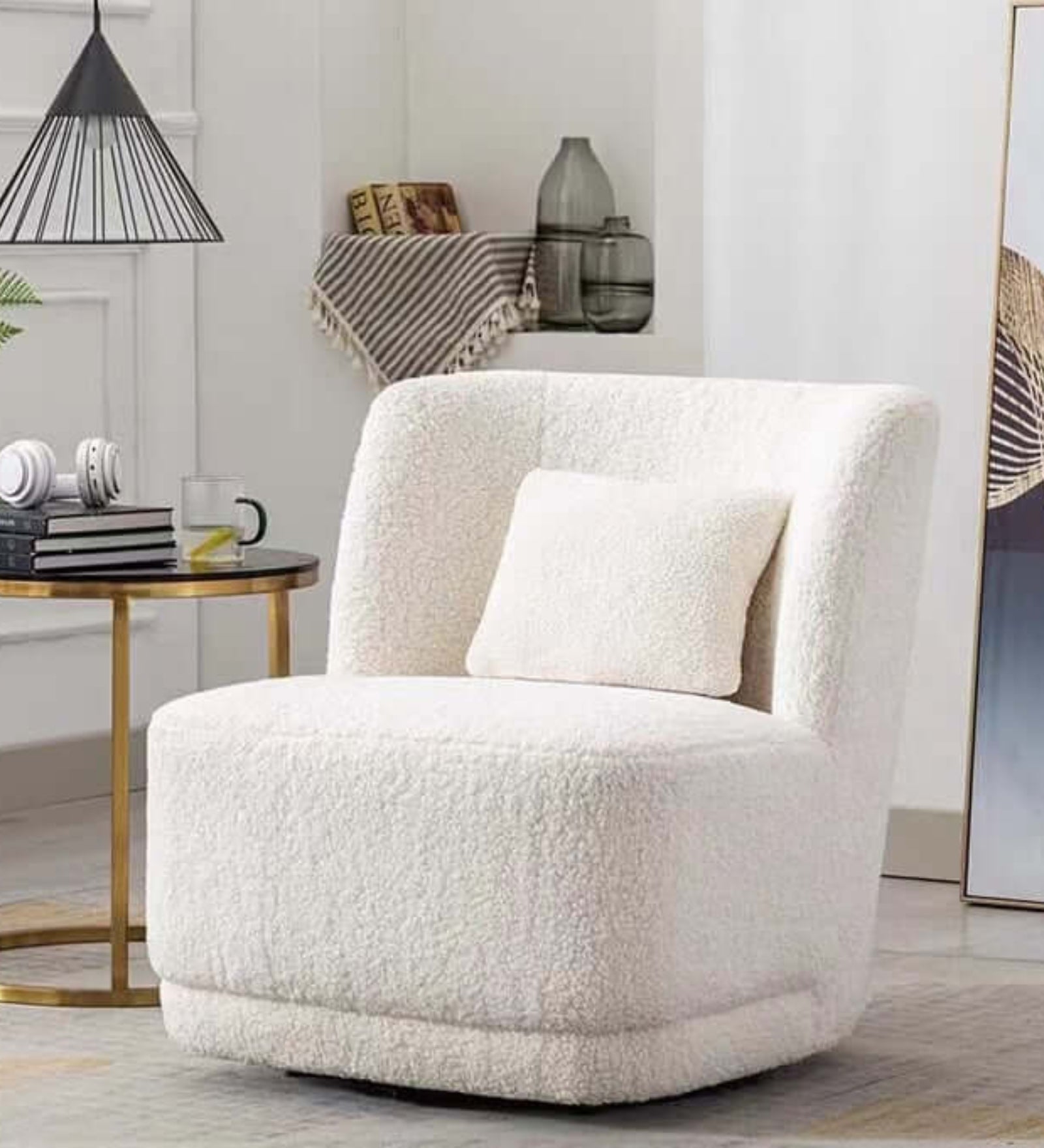 Benny Boucle Fabric Swivel Chair in Shell White Colour