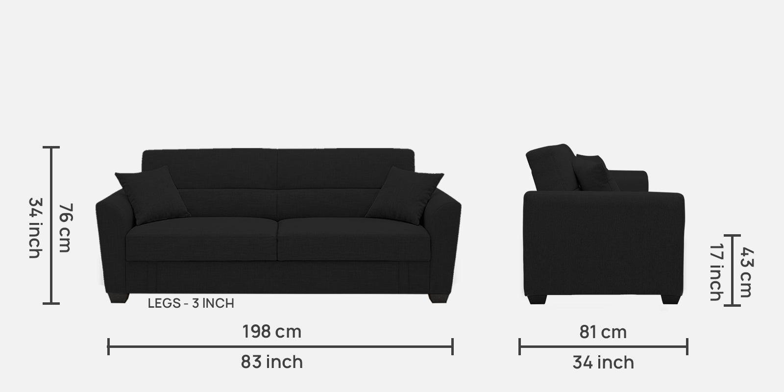 Bony Fabric 3 Seater Convertible Sofa Cum Bed In Heather Black Colour - Febonic Living