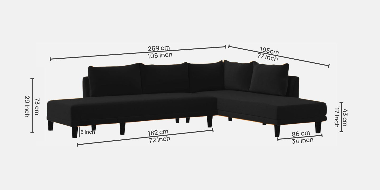 Ira Fabric RHS 6 Seater Convertible Sofa Cum Bed In Zed Black Colour - Febonic Living