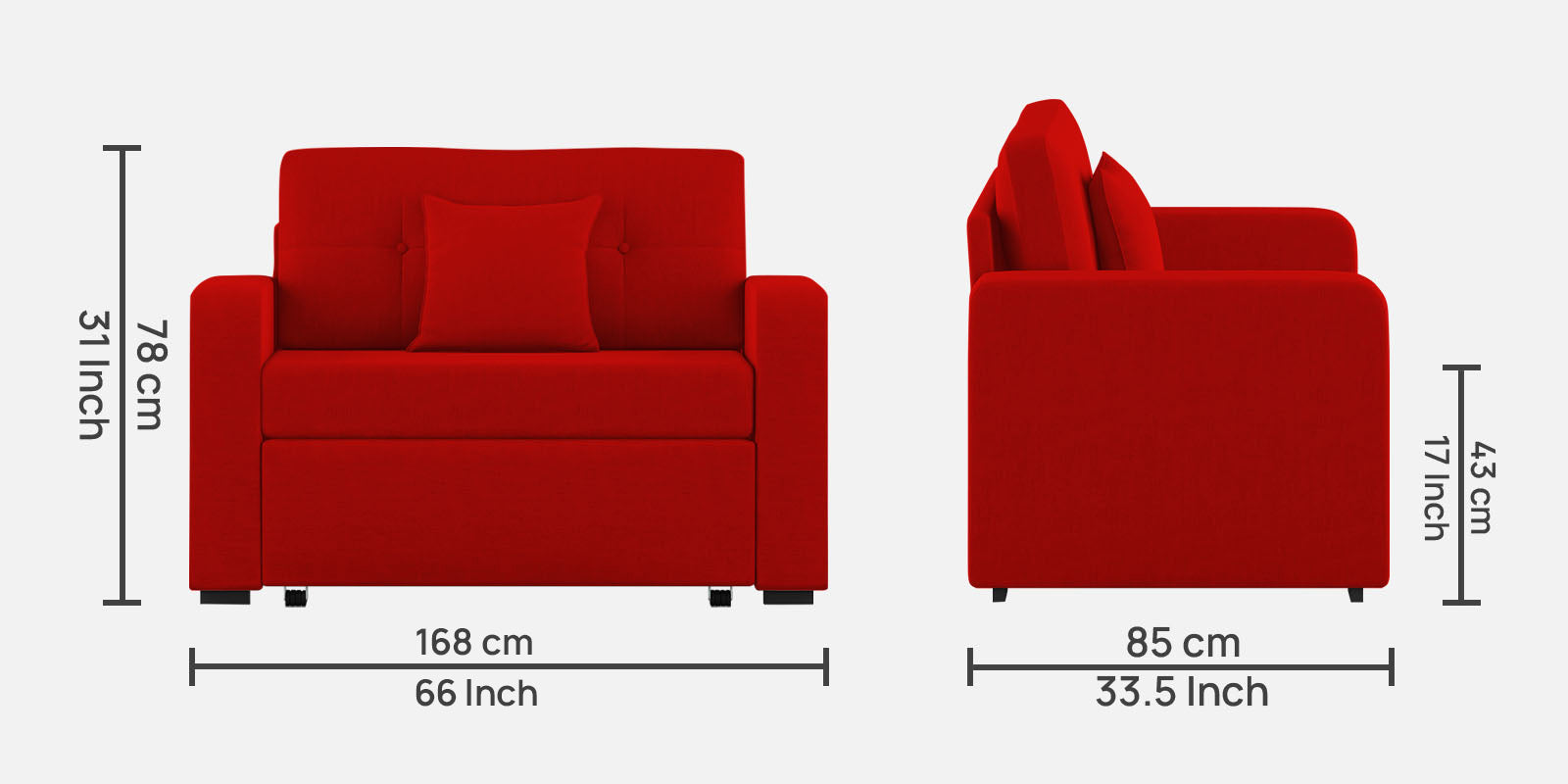 Rocky Fabric 2 Seater Pull Out Sofa Cum Bed In Ruby Red Colour With Storage - Febonic Living