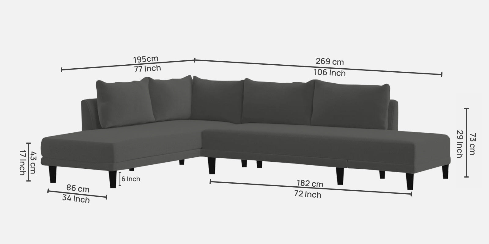 Ira Fabric RHS 6 Seater Convertible Sofa Cum Bed In Charcoal Grey Colour - Febonic Living