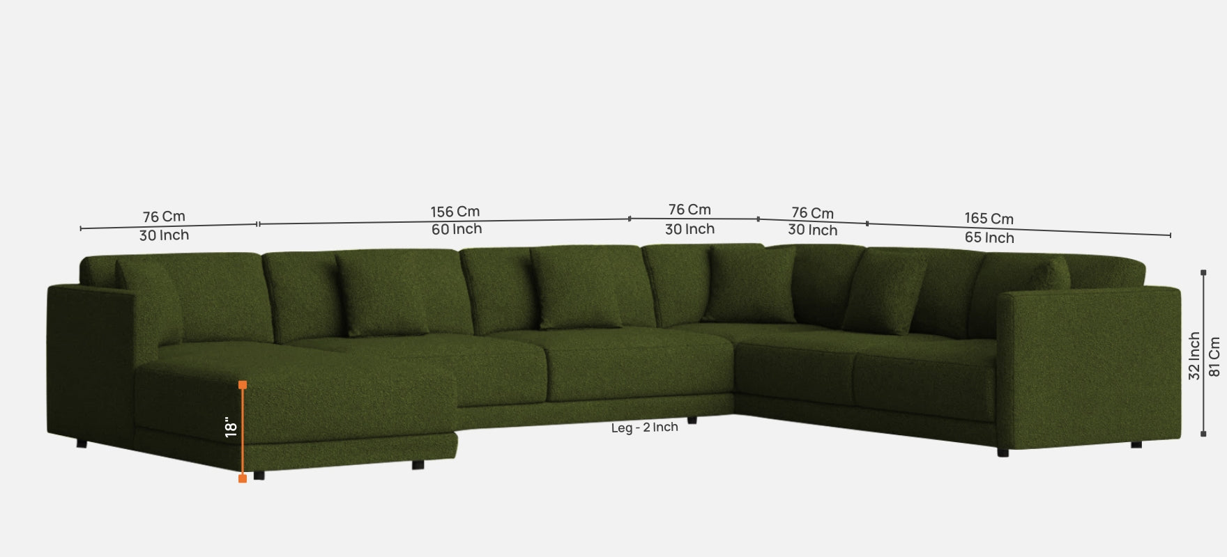 Carlin Fabric RHS 8 Seater Sectional Sofa In Olive Green Colour - Febonic Living