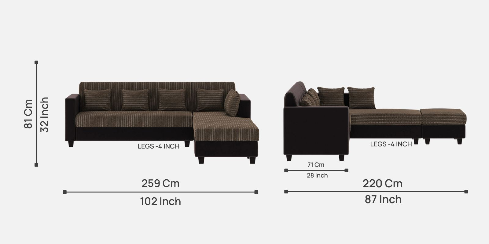 Baley Fabric LHS Sectional Sofa (3+Lounger) In Lama Brown Colour - Febonic Living