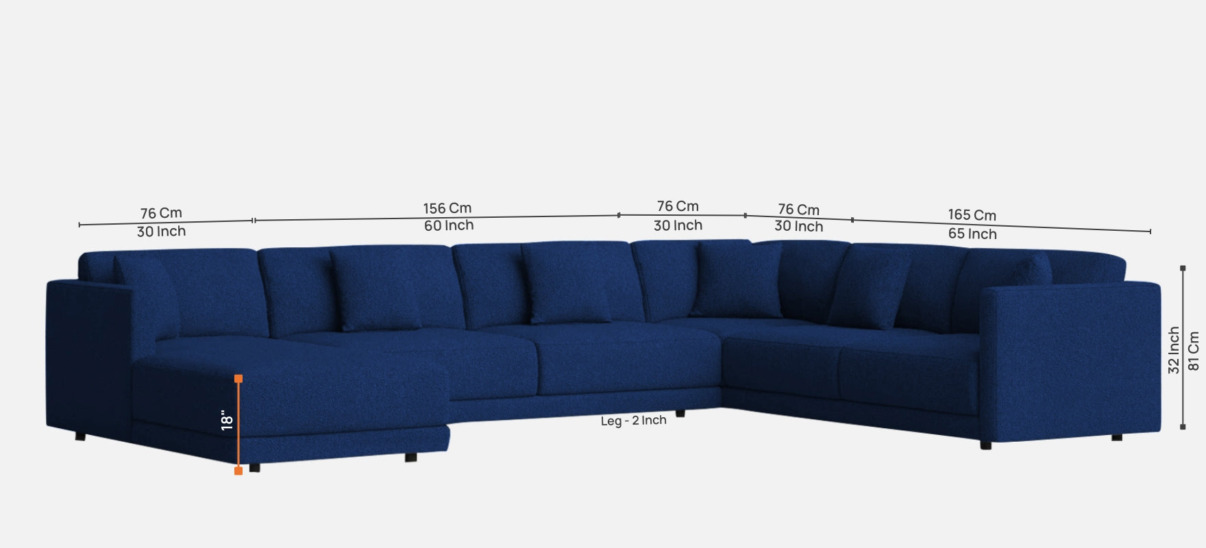 Carlin Fabric RHS 8 Seater Sectional Sofa In Royal Blue Colour - Febonic Living
