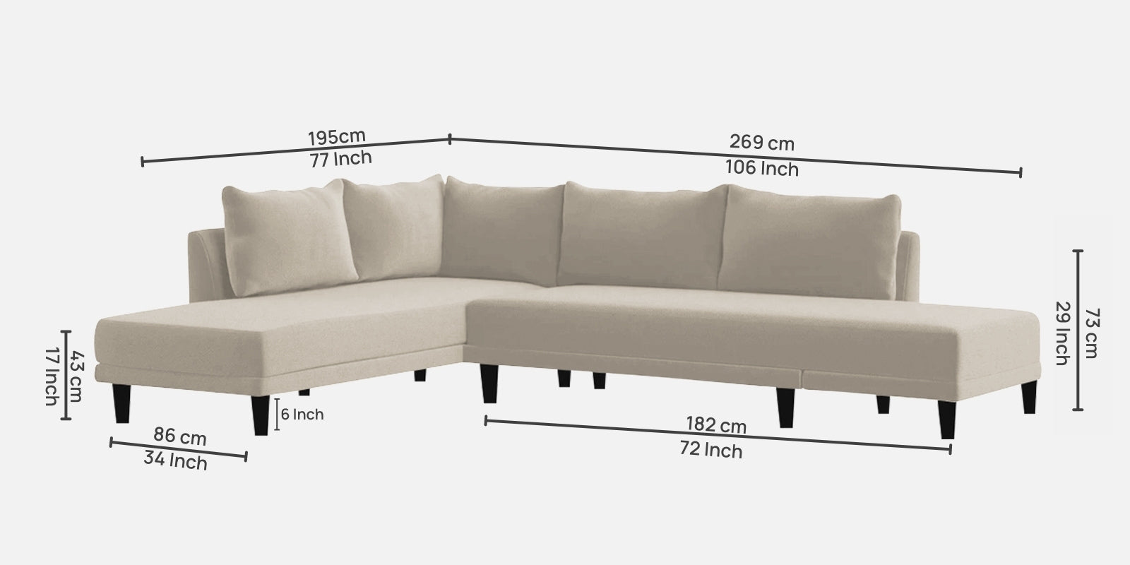Ira Fabric RHS 6 Seater Convertible Sofa Cum Bed In Ivory Cream Colour - Febonic Living