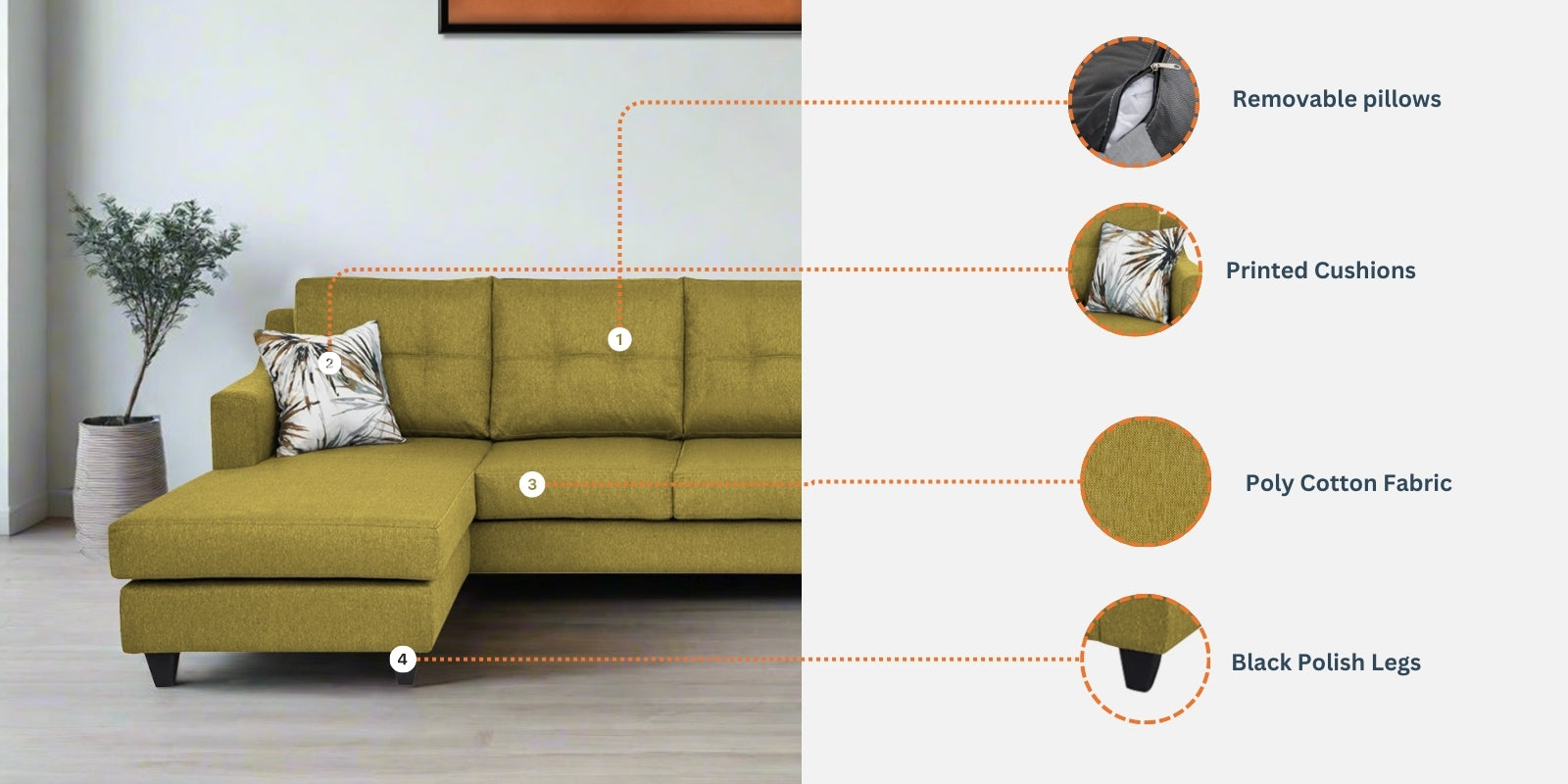 Welly Fabric RHS Sectional Sofa (2+Lounger) In Bold Yellow Colour - Febonic Living