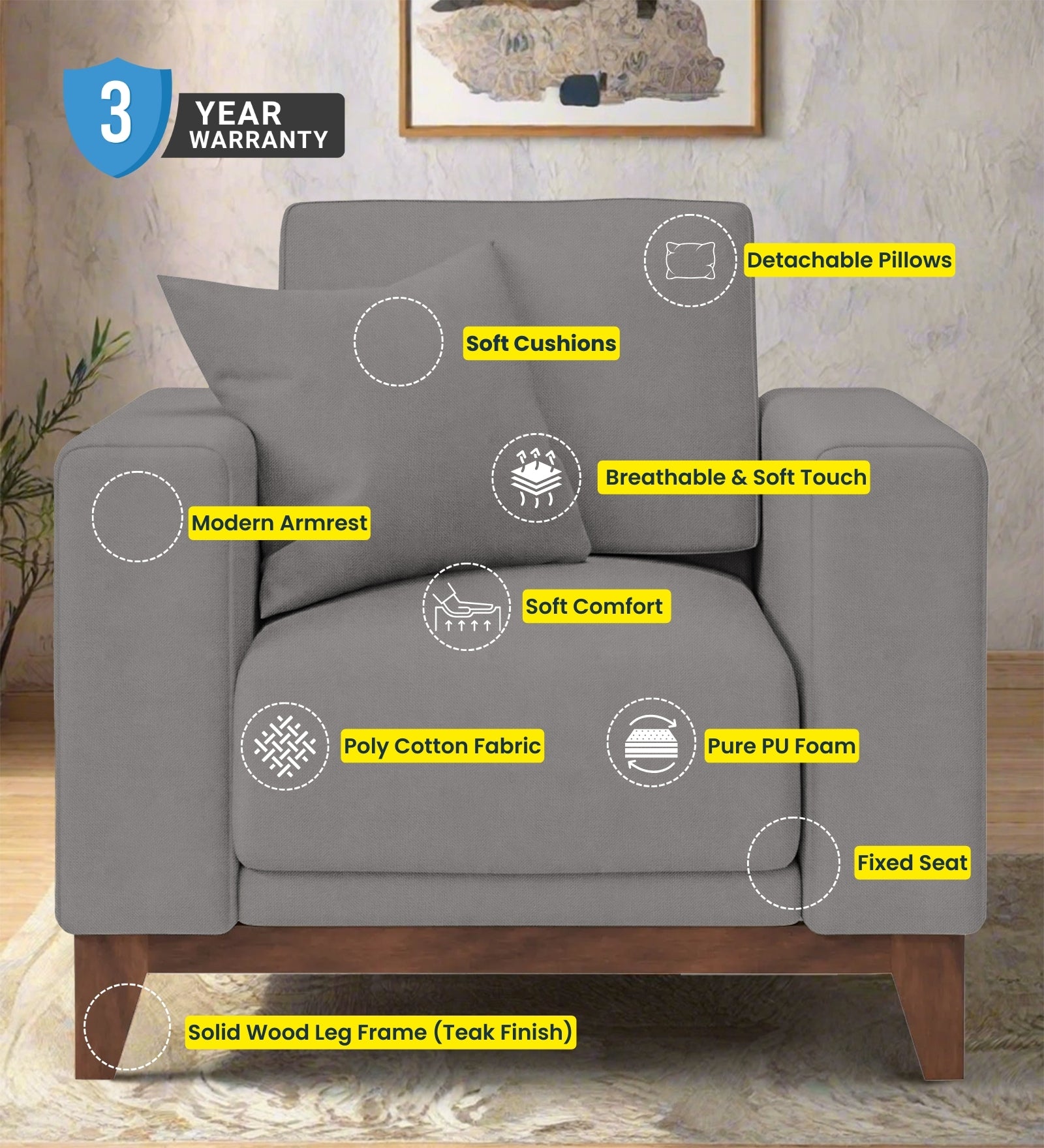 Luca Fabric 1 Seater Sofa In Night Brown Colour - Febonic Living