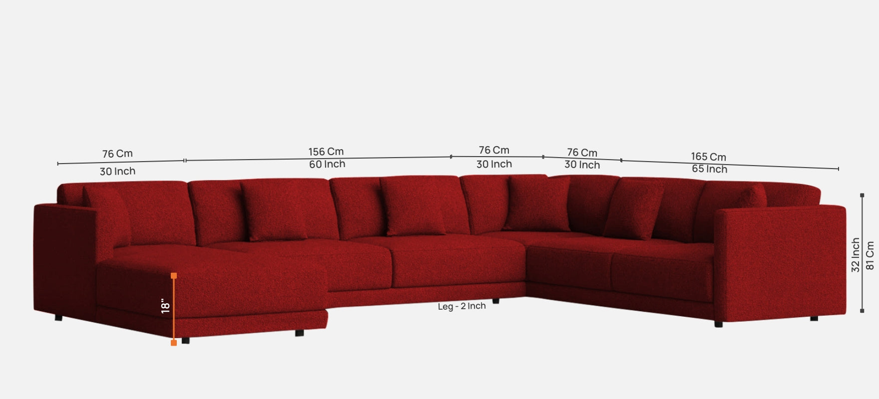 Carlin Fabric RHS 8 Seater Sectional Sofa In Blood Maroon Colour - Febonic Living