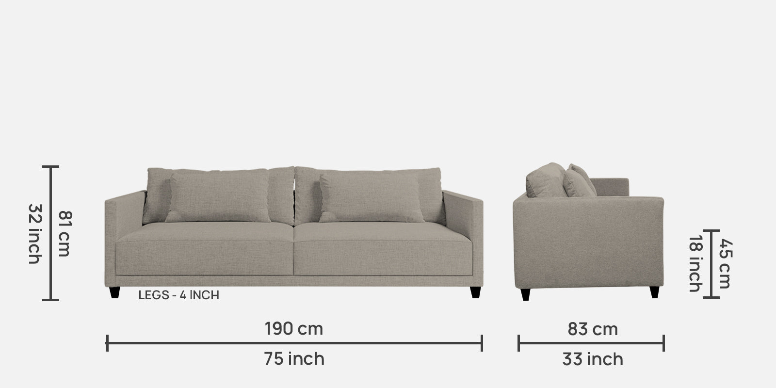 Kera Fabric 3 Seater Sofa in Ash Grey Colour