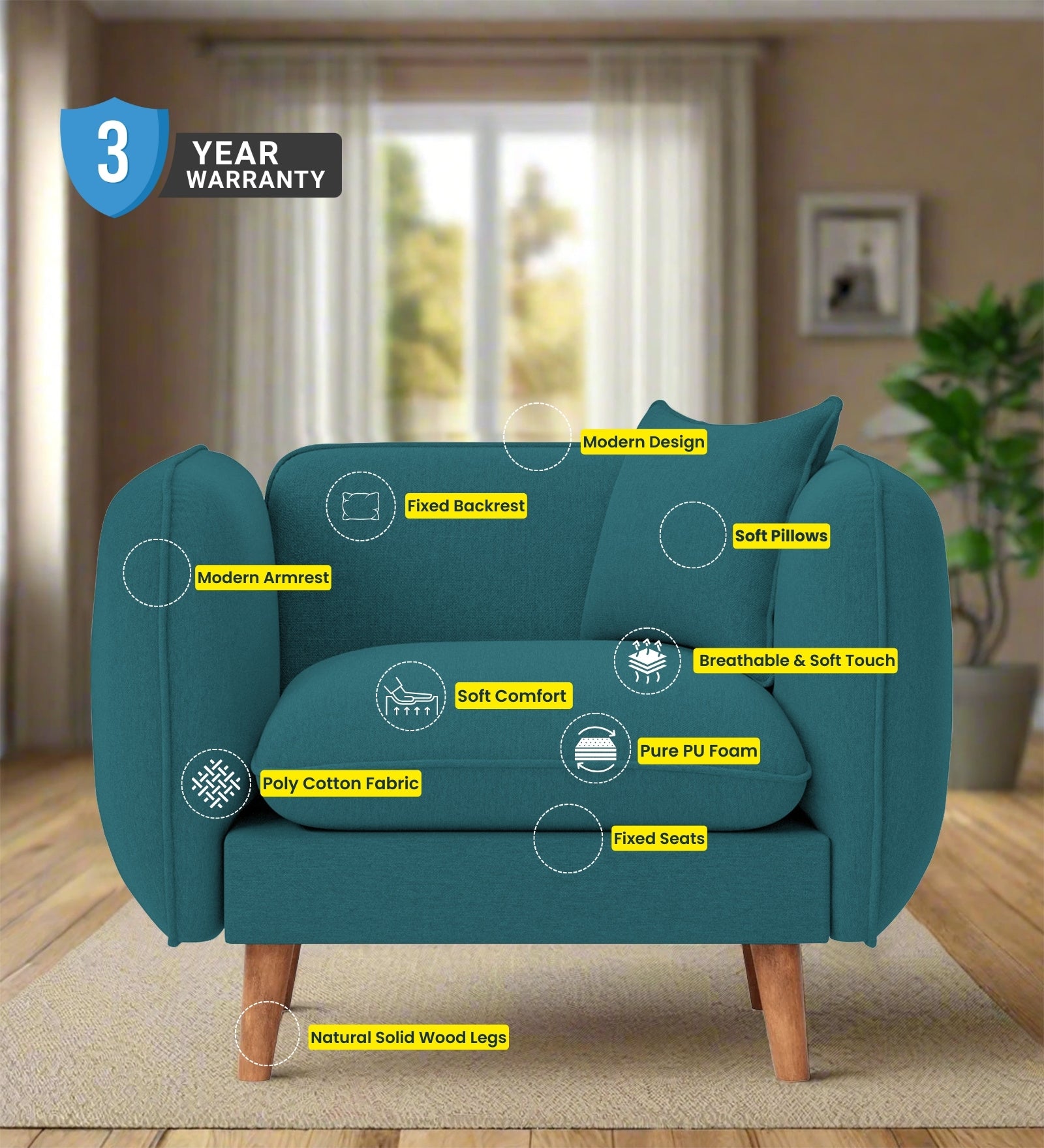 Reva Fabric 1 Seater Sofa In Bitter Black Colour - Febonic Living