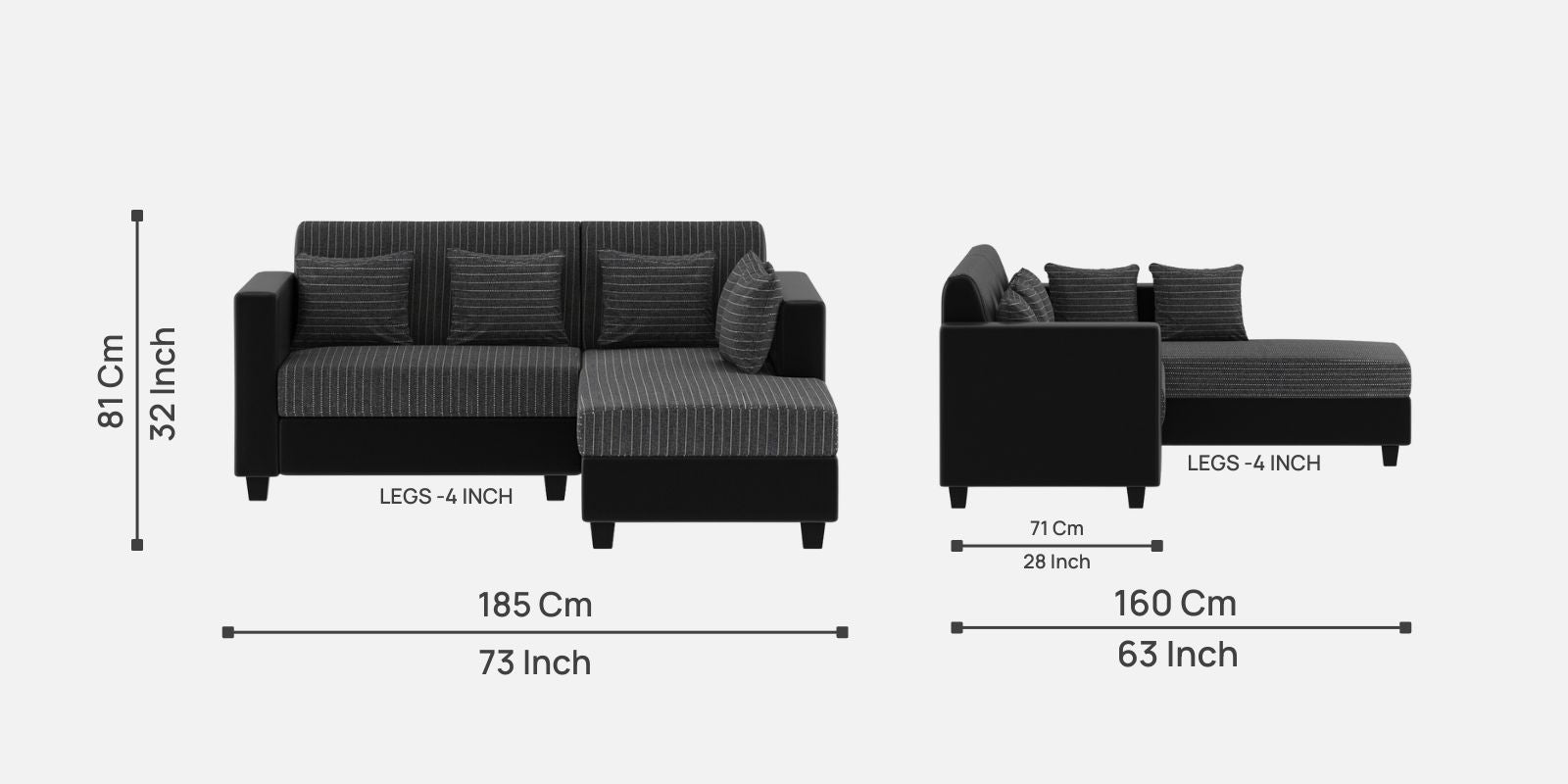 Baley Fabric RHS Sectional Sofa (2+Lounger) In Lama Black Colour - Febonic Living