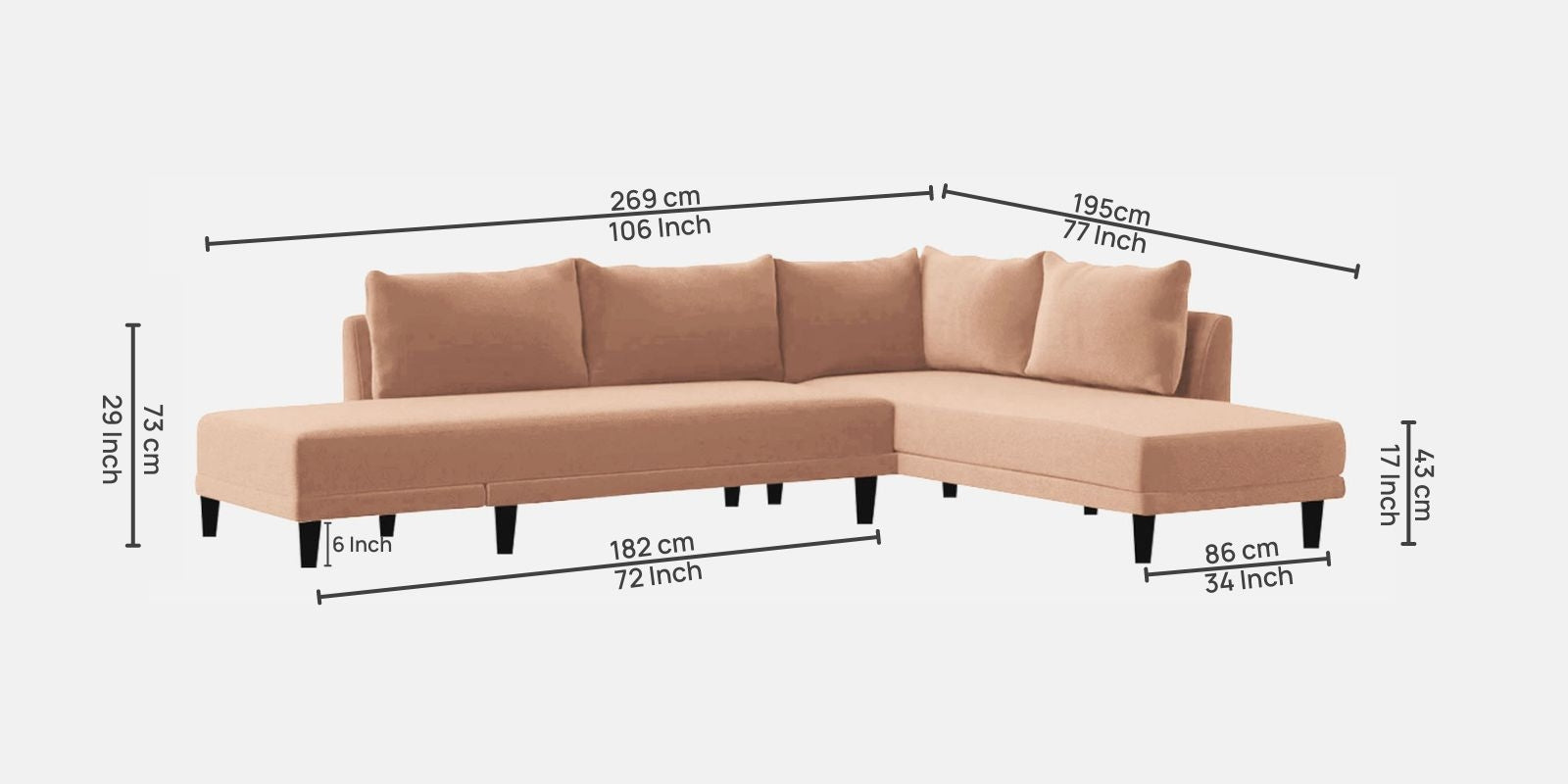 Ira Fabric RHS 6 Seater Convertible Sofa Cum Bed In Cosmic Beige Colour - Febonic Living