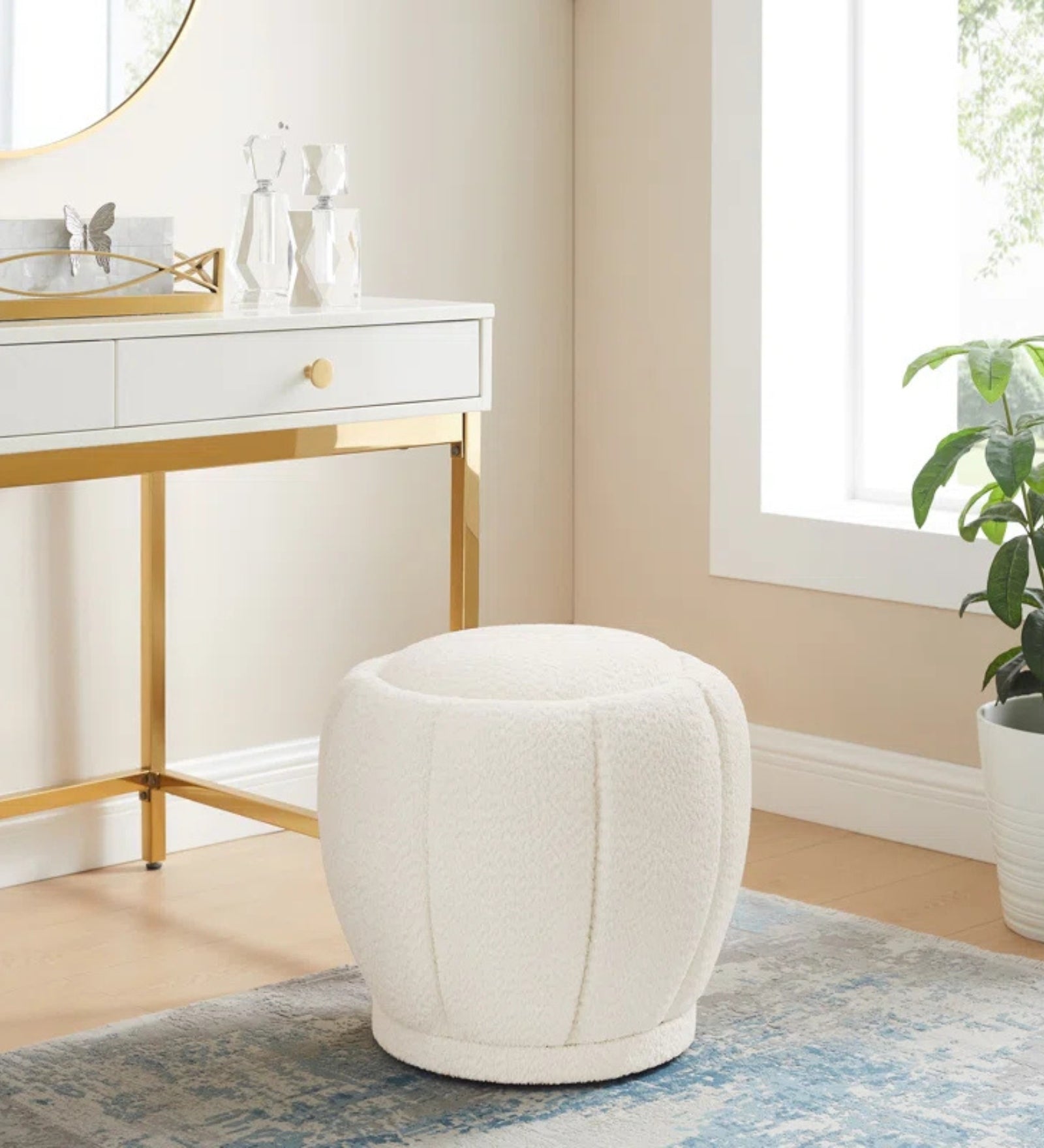 Kanni Boucle Fabric Pouffe In Bright White Colour - Febonic Living