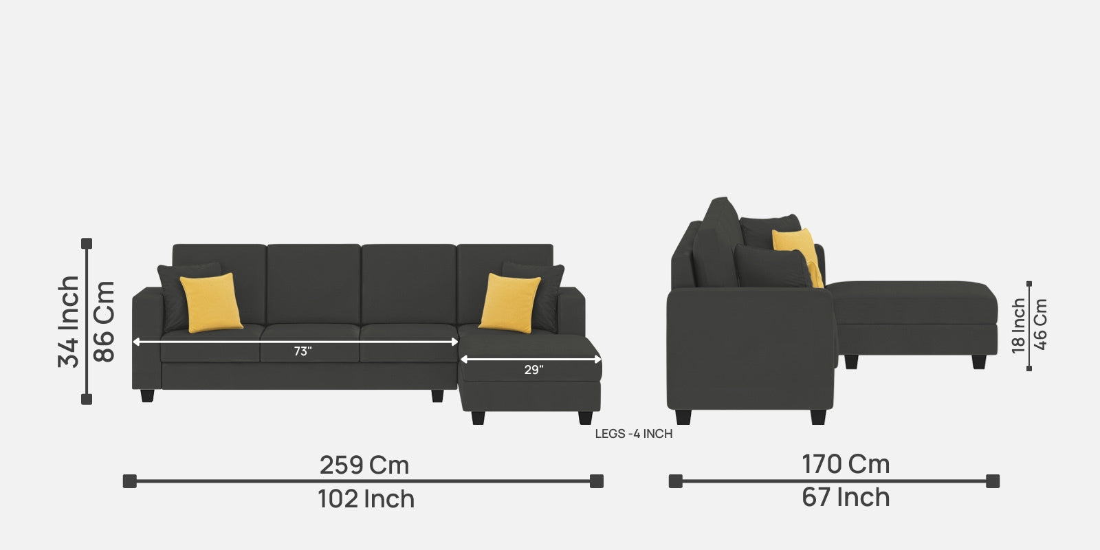 Nabi Fabric LHS Sectional Sofa (3 + Lounger) In Charcoal Grey Colour