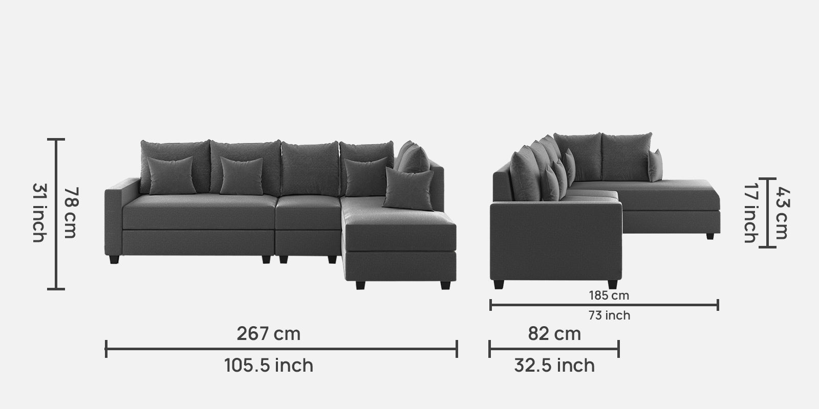 Ginny Fabric LHS Sectional Sofa (3+Lounger) In Charcoal Grey Colour - Febonic Living