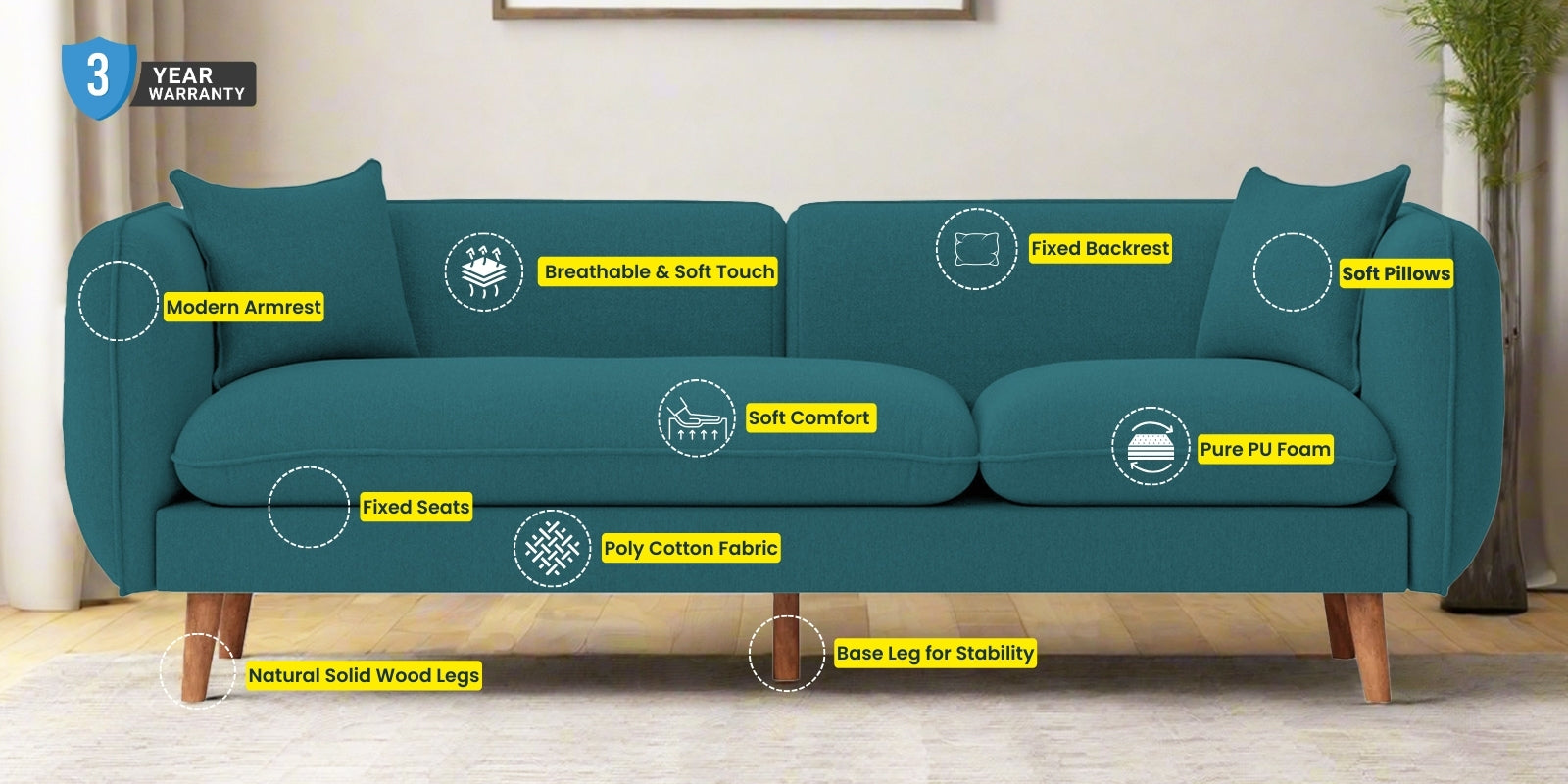 Reva Fabric 3 Seater Sofa In Corn Yellow Colour