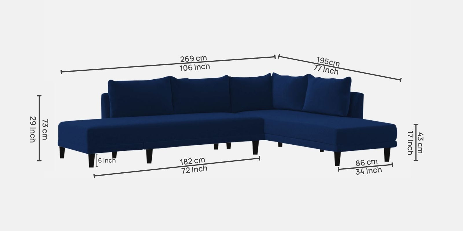 Ira Fabric RHS 6 Seater Convertible Sofa Cum Bed In Royal Blue Colour - Febonic Living