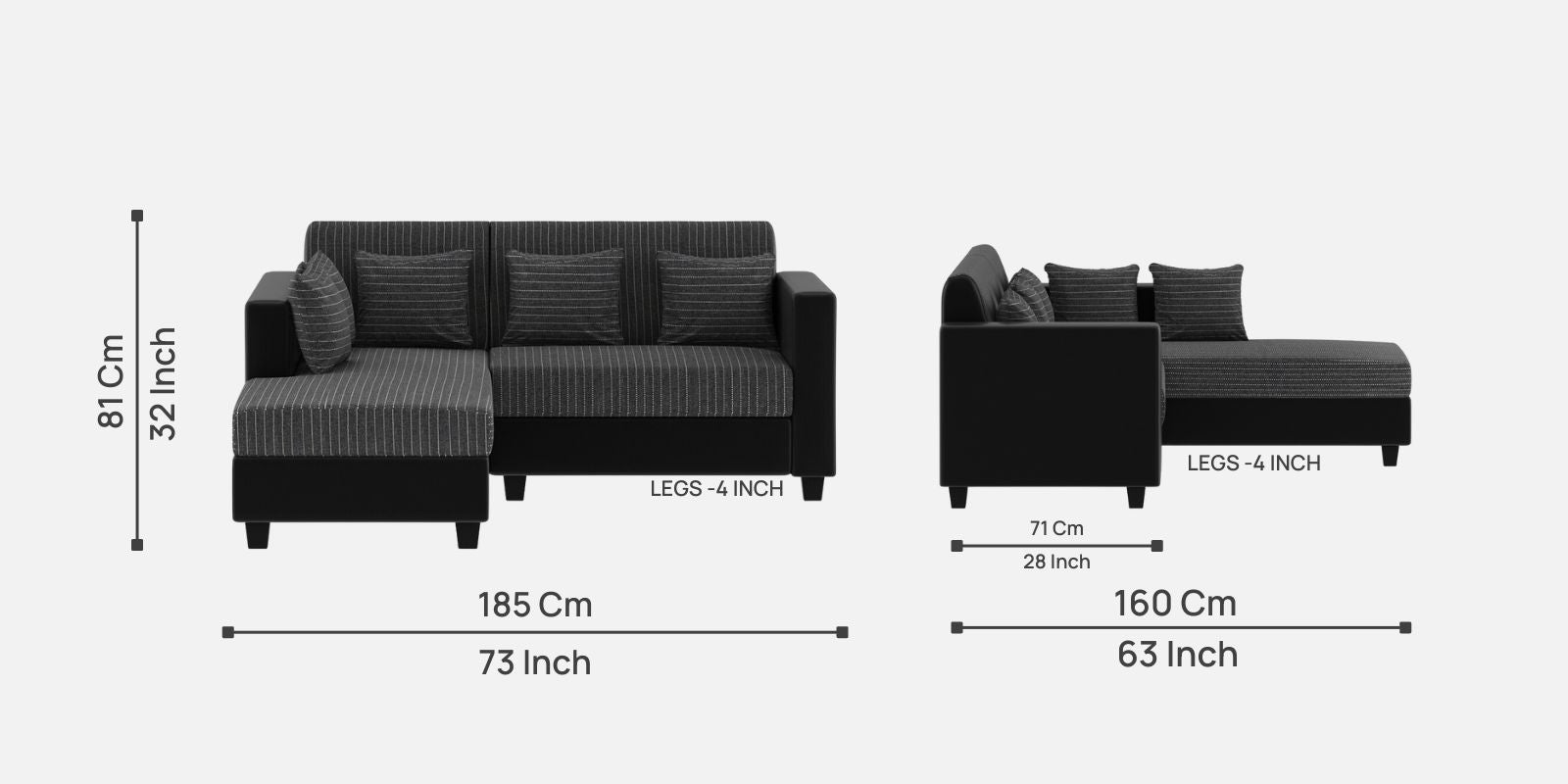 Baley Fabric LHS Sectional Sofa (2+Lounger) In Lama Black Colour - Febonic Living