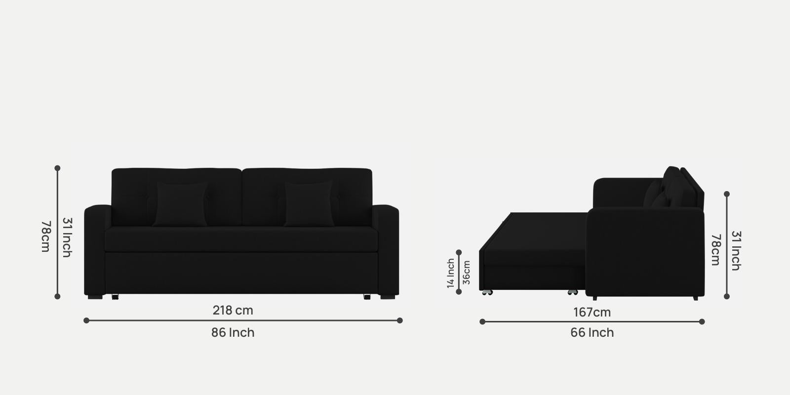Rocky Fabric 3 Seater Pull Out Sofa Cum Bed In Zed Black Colour With Storage - Febonic Living