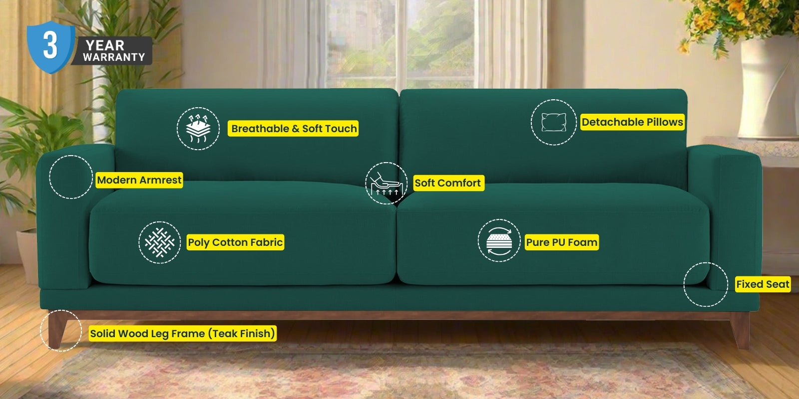 Esha Fabric 3 Seater Sofa In Kelly Green Colour - Febonic Living