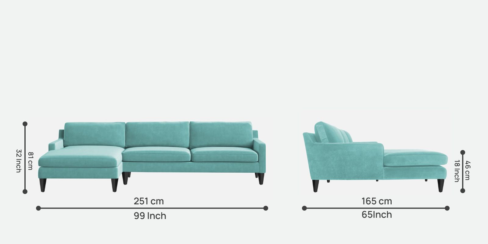 Jones Velvet RHS Sectional Sofa (3+Lounger) In Barmunda Aqua Colour - Febonic Living
