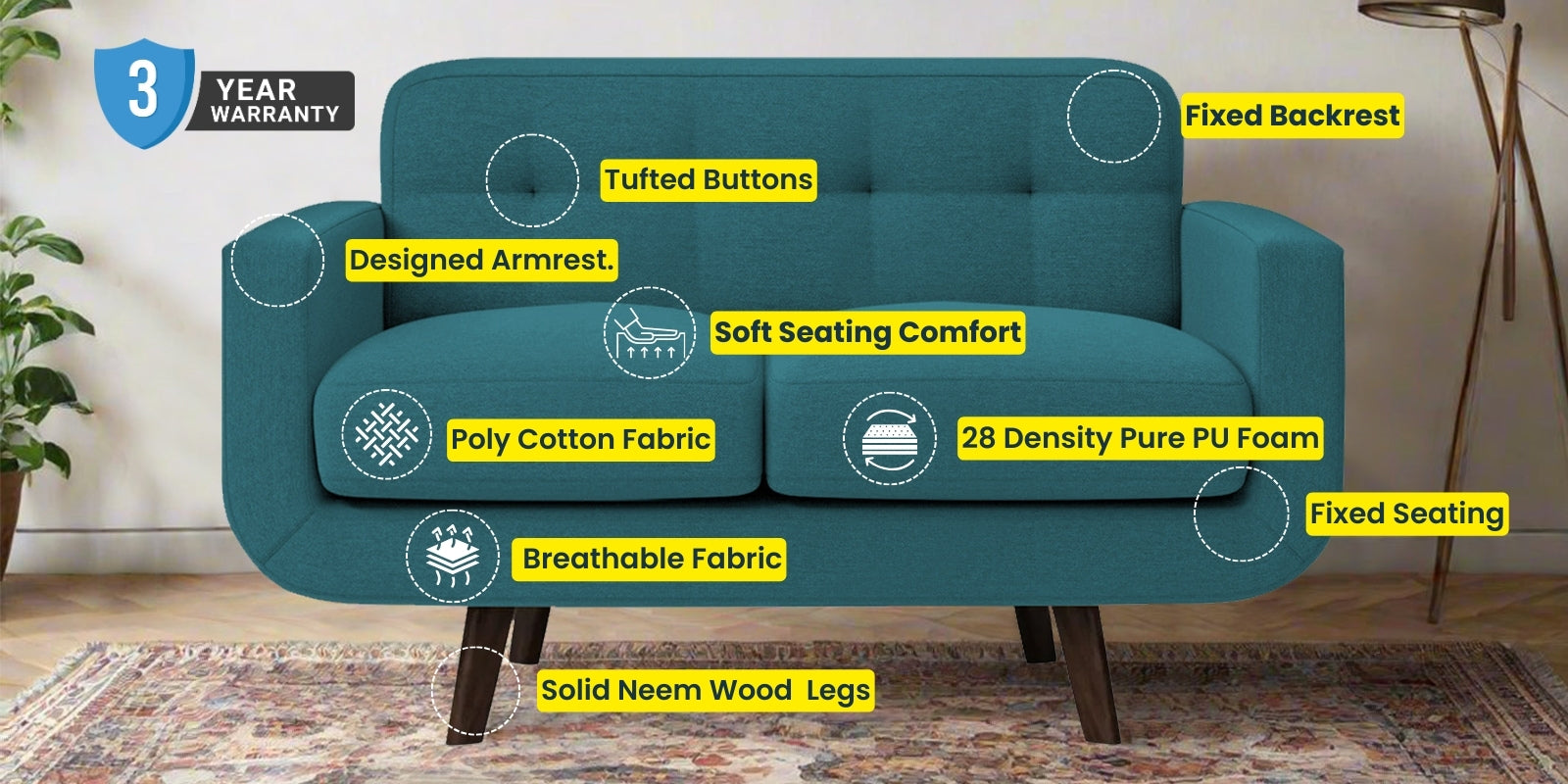 Marsela Fabric 2 Seater Sofa In Kelly Green Colour - Febonic Living