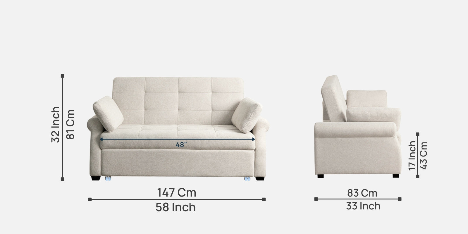 Fornia Fabric 2 Seater Pull Out Sofa Cum Bed In Ivory Cream Colour - Febonic Living