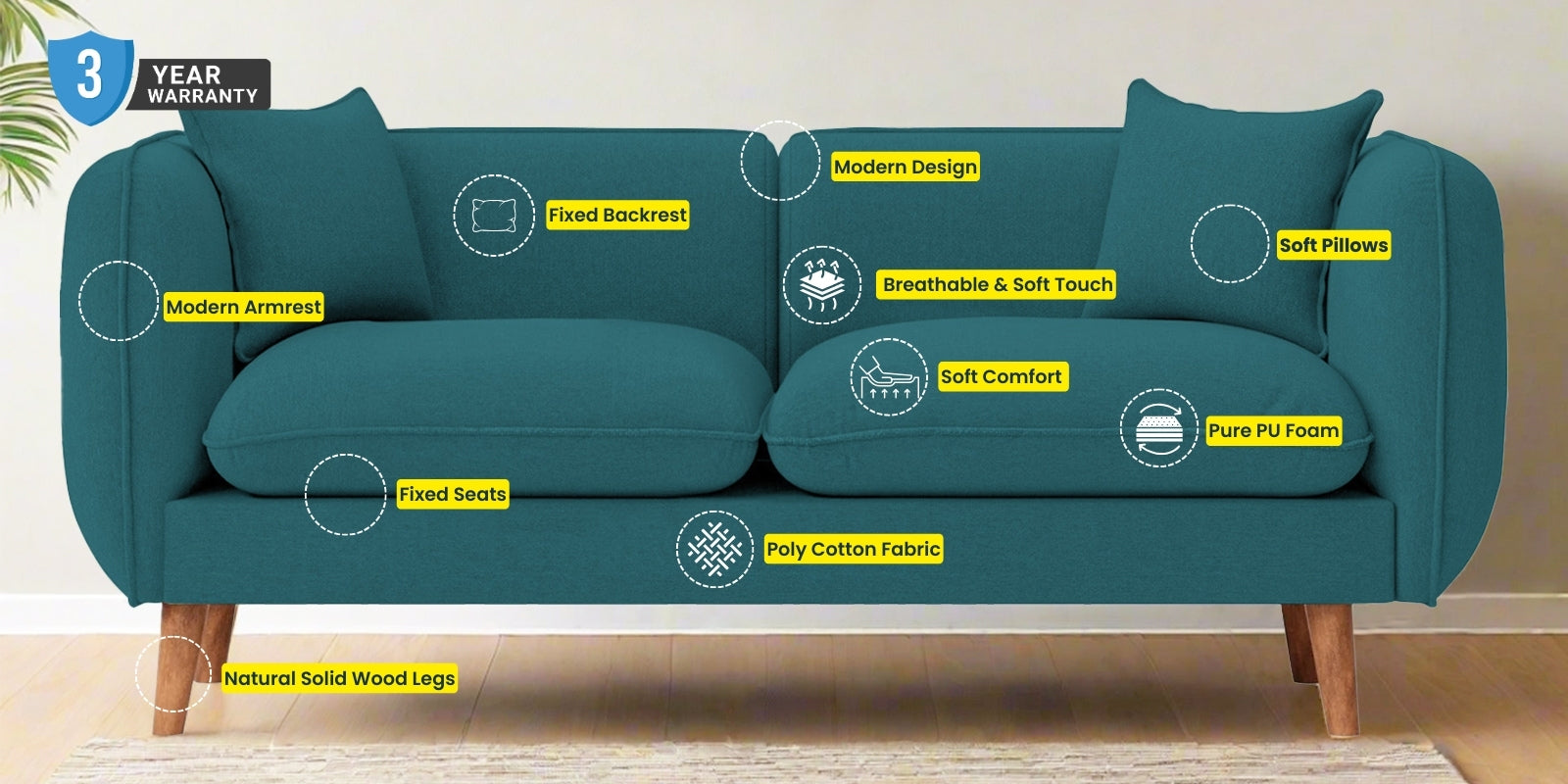 Reva Fabric 2 Seater Sofa In Almond Beige Colour