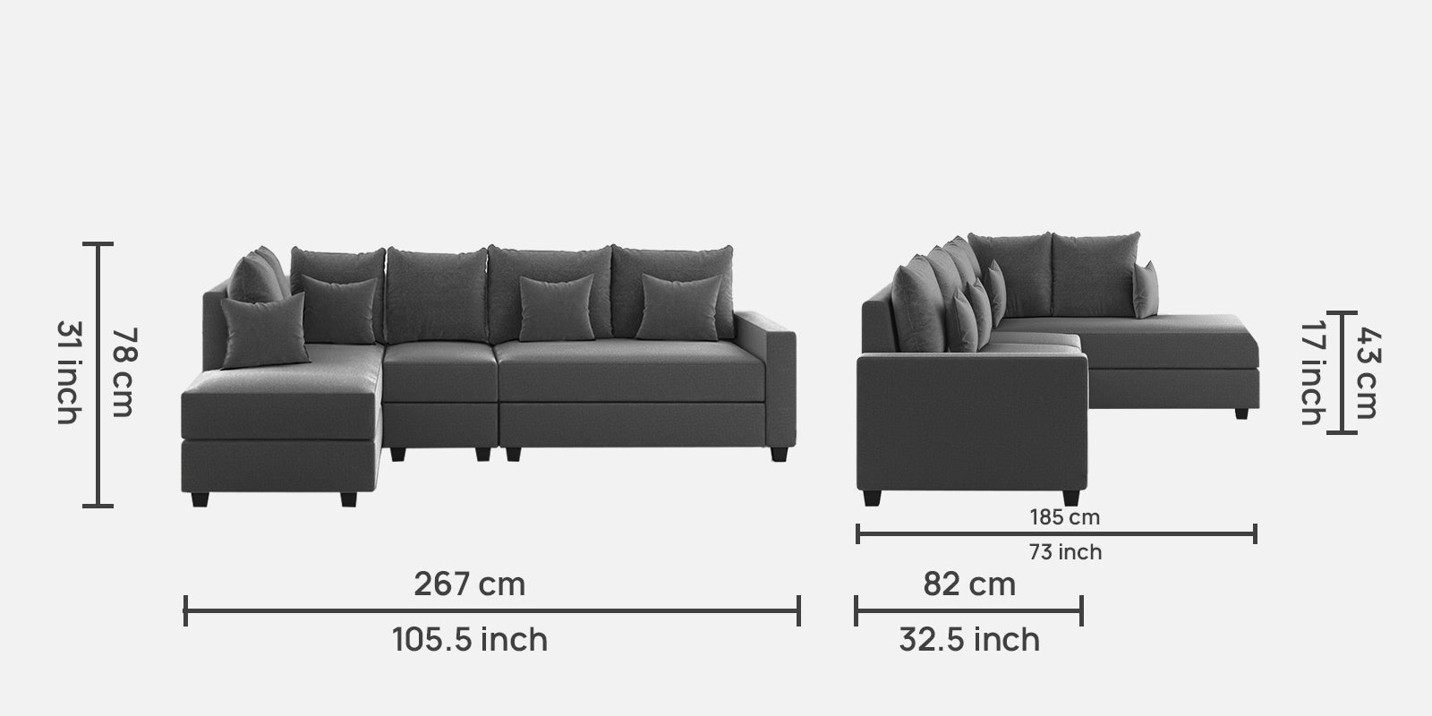 Ginny Fabric RHS Sectional Sofa (3+Lounger) In Charcoal Grey Colour - Febonic Living