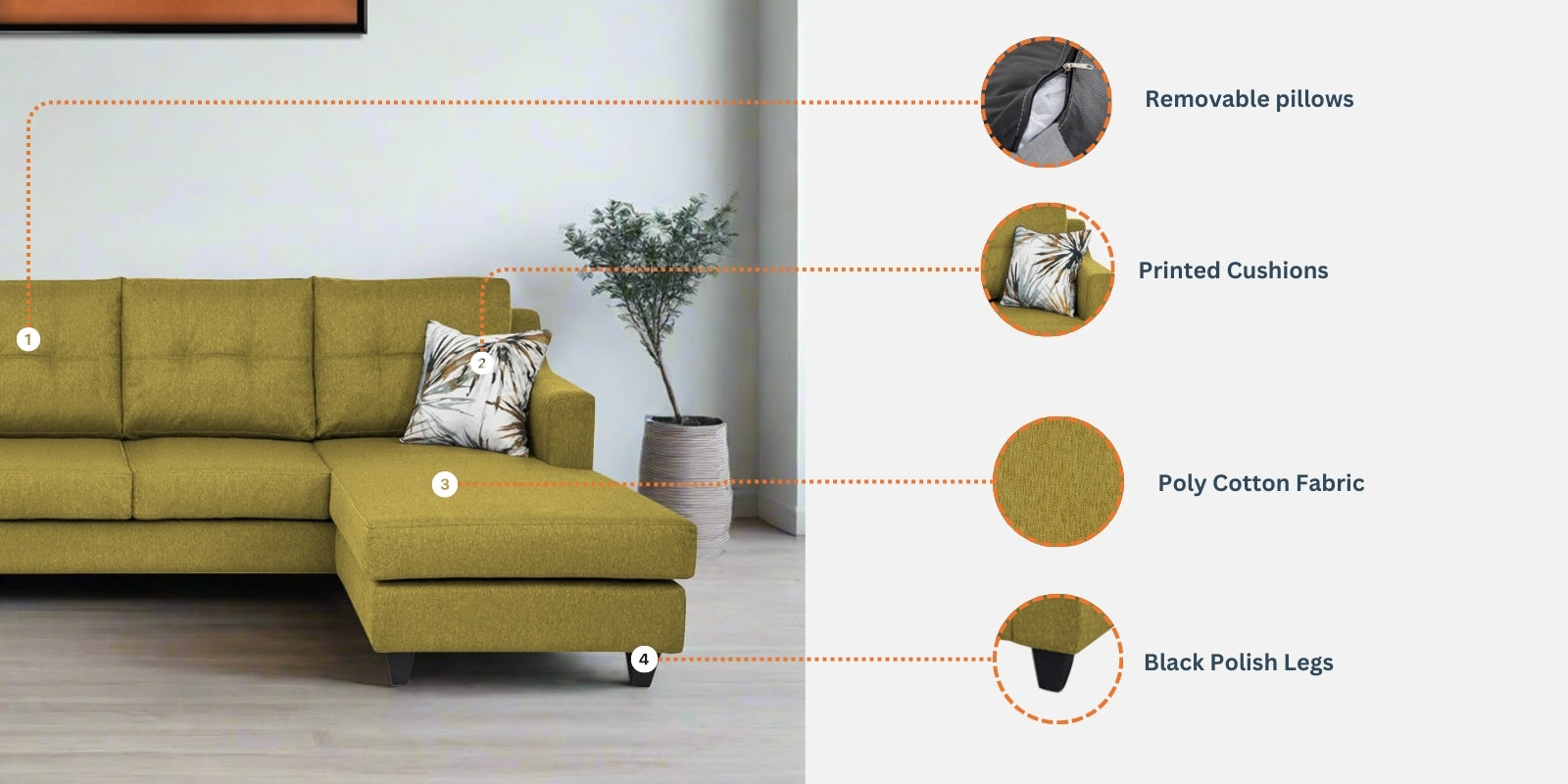 Welly Fabric LHS Sectional Sofa (3+Lounger) In Coffee Brown Colour - Febonic Living