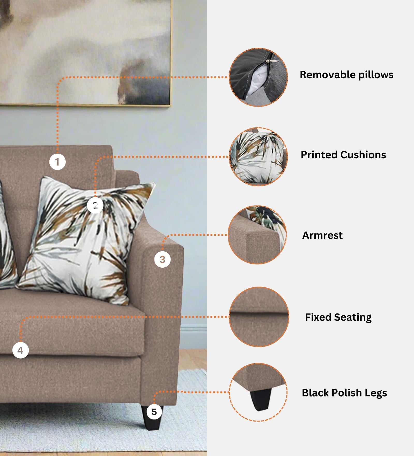 Welly Fabric 1 Seater Sofa In Caspa Brown Colour - Febonic Living