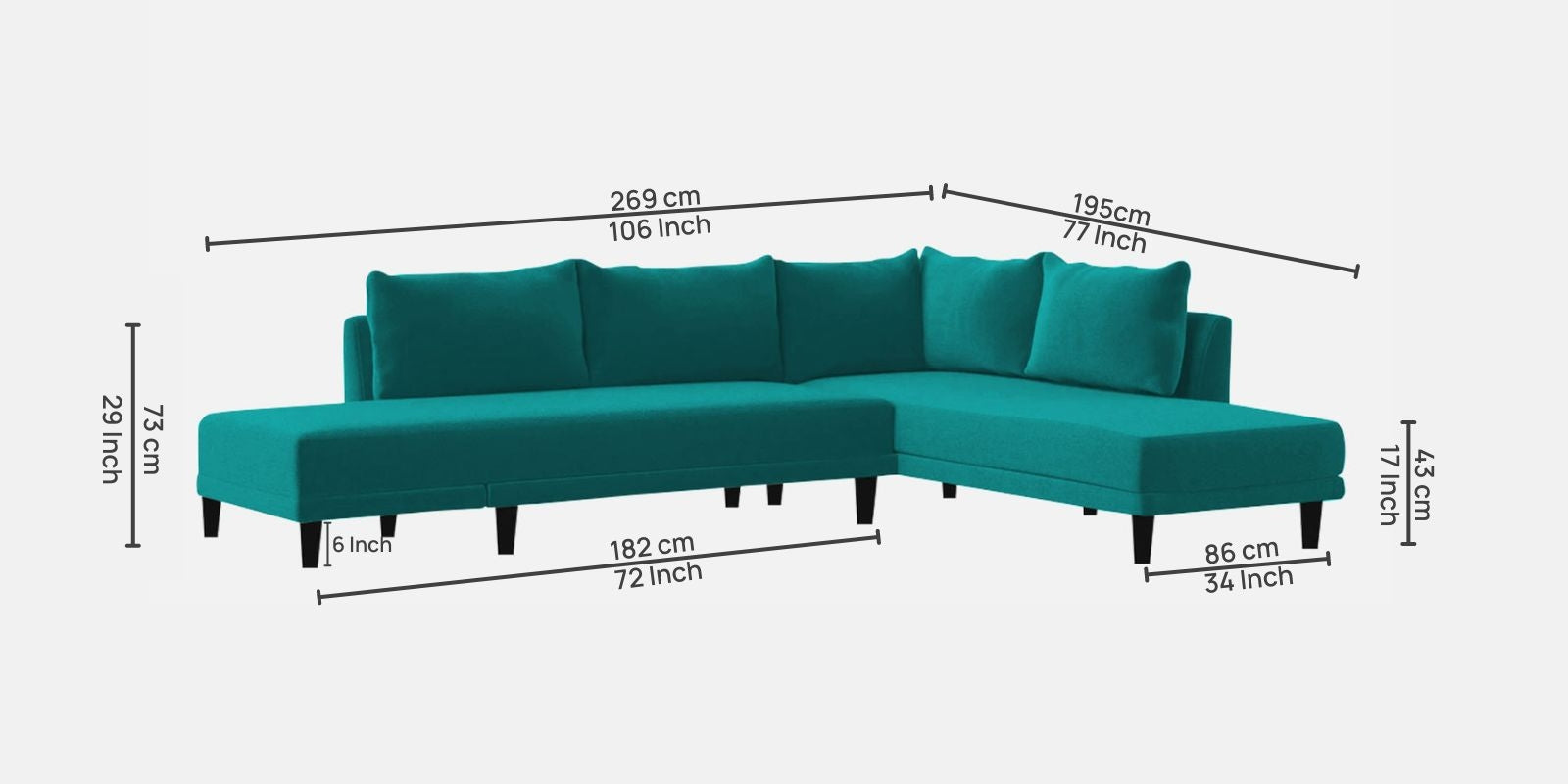 Ira Fabric RHS 6 Seater Convertible Sofa Cum Bed In Sea Green Colour - Febonic Living