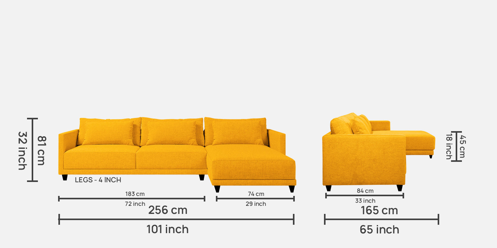 Kera Fabric LHS Sectional Sofa (3+Lounger) In Bold Yellow Colour - Febonic Living