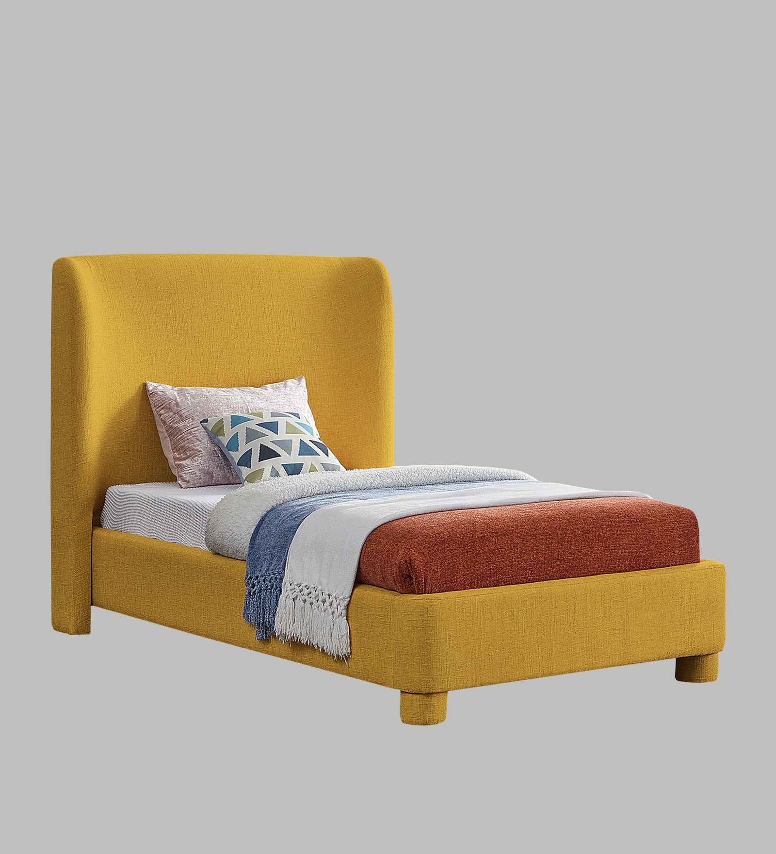 Lenny Fabric Upholstered Single Bed in Bold Yellow Colour - Febonic Living