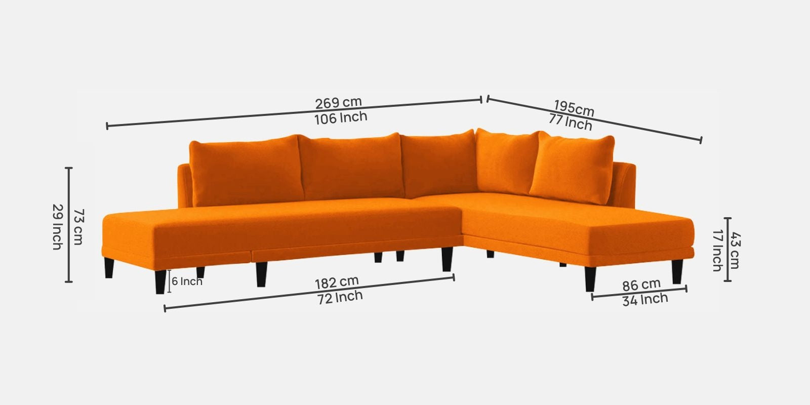 Ira Fabric RHS 6 Seater Convertible Sofa Cum Bed In Vivid Orange Colour - Febonic Living