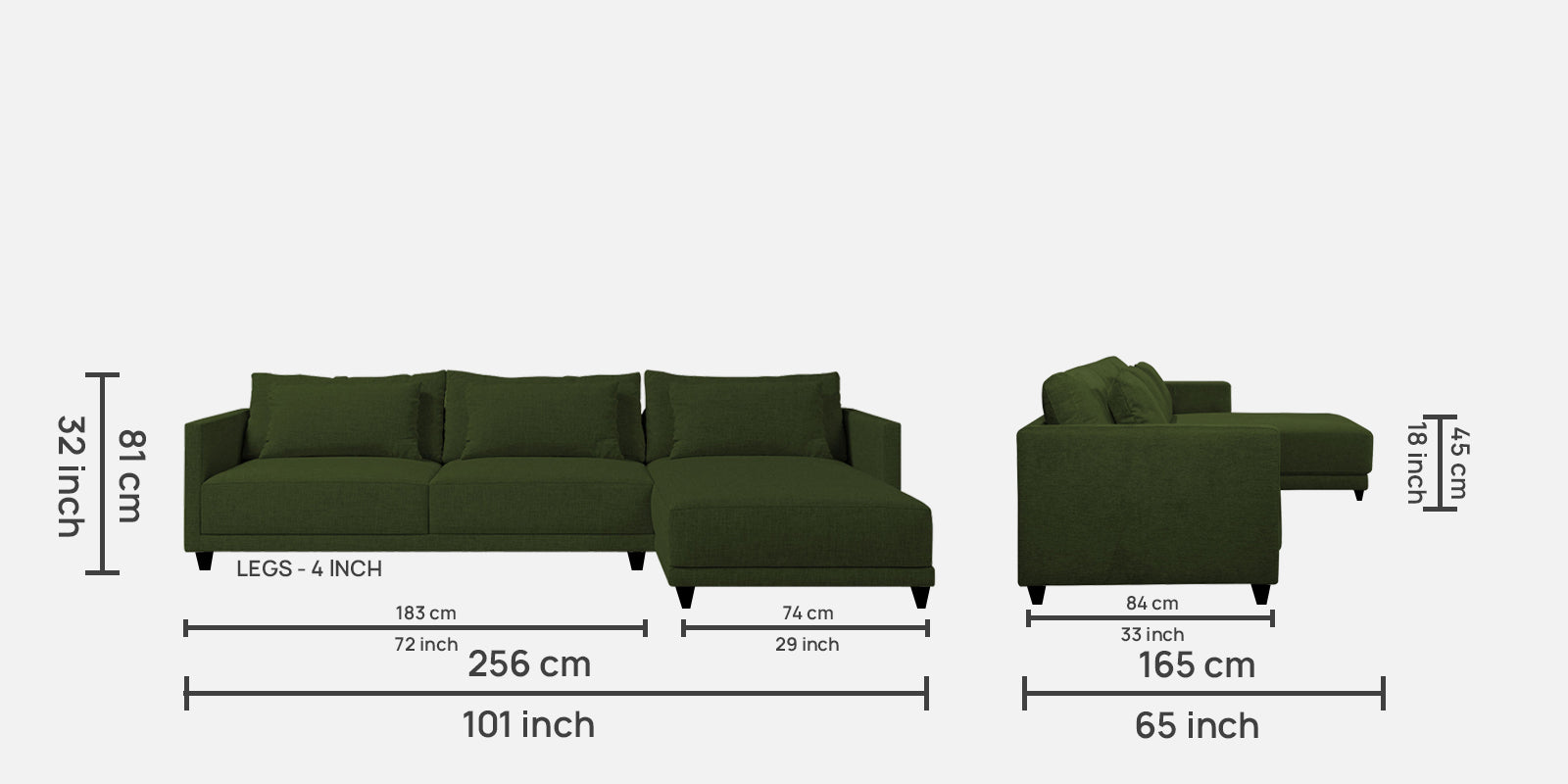 Kera Fabric LHS Sectional Sofa (3+Lounger) In Olive Green Colour - Febonic Living