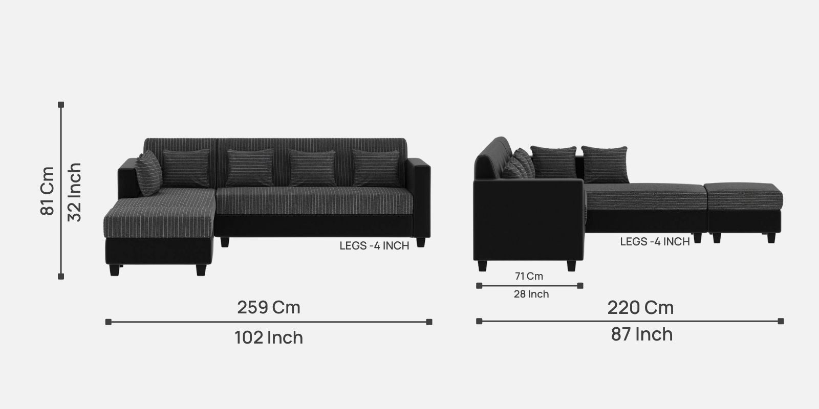 Baley Fabric RHS Sectional Sofa (3+Lounger) In Lama Black Colour - Febonic Living
