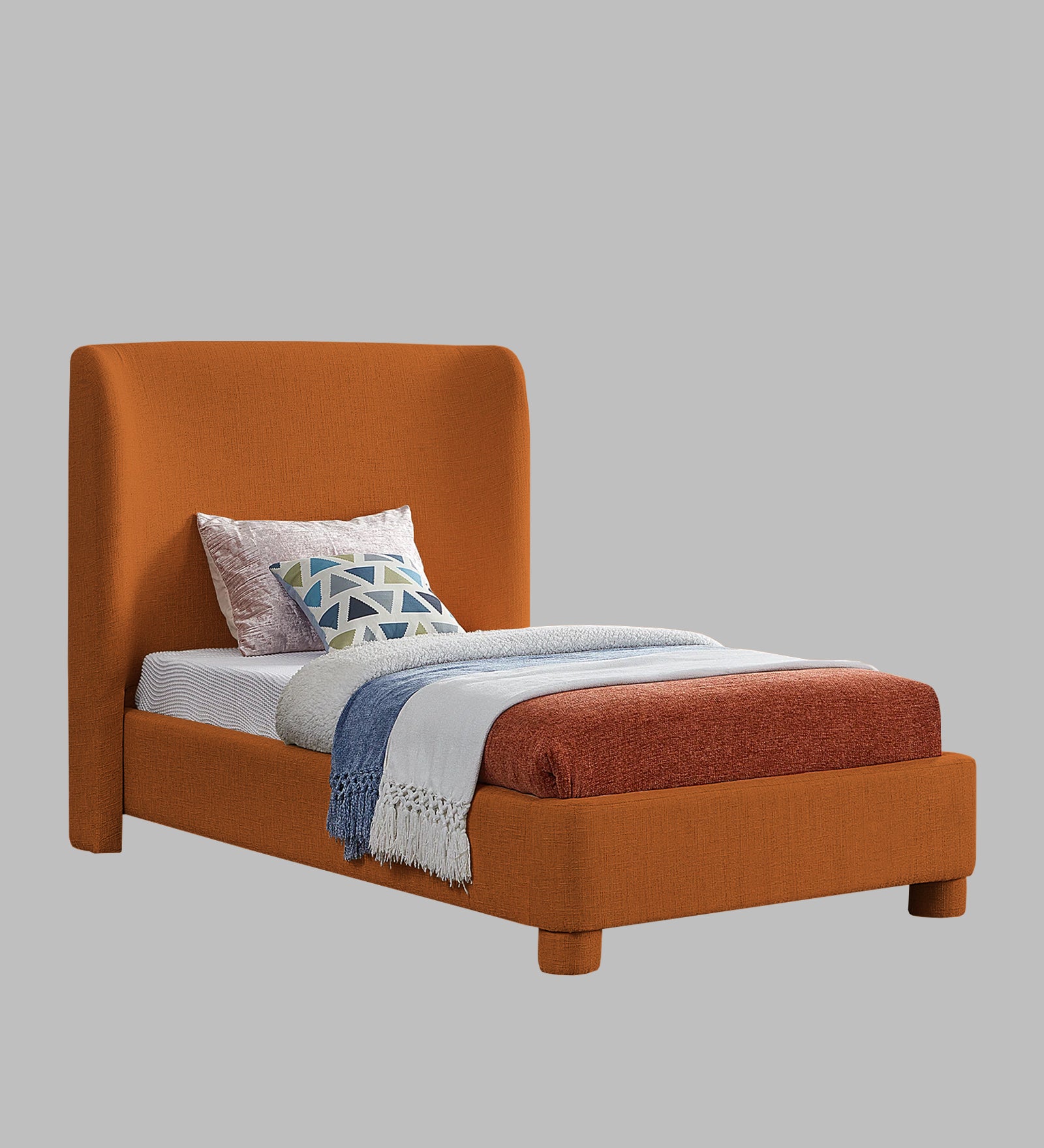 Lenny Fabric Upholstered Single Bed in Vivid Orange Colour - Febonic Living