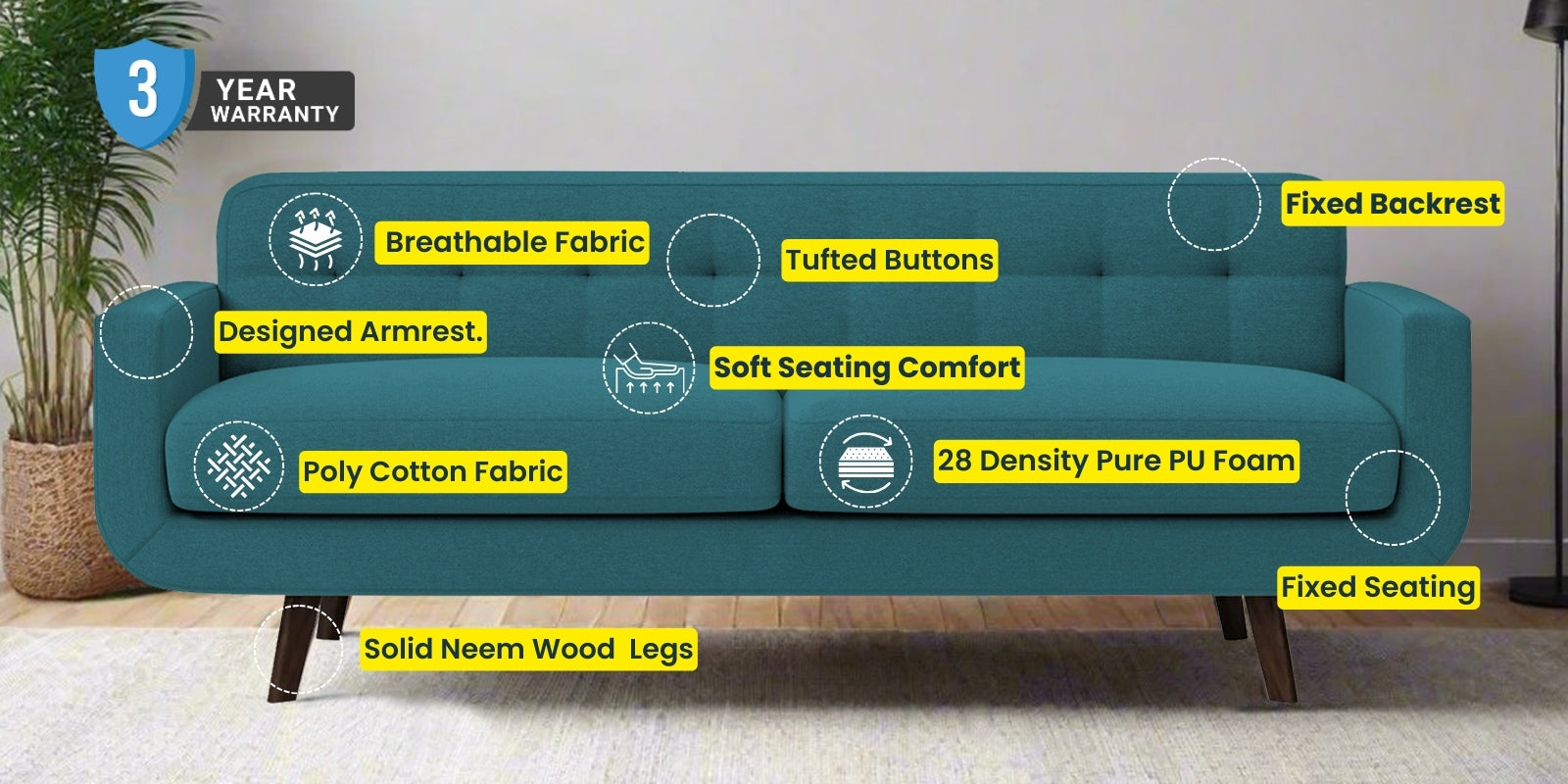 Marsela Fabric 3 Seater Sofa In Hazel Beige Colour - Febonic Living