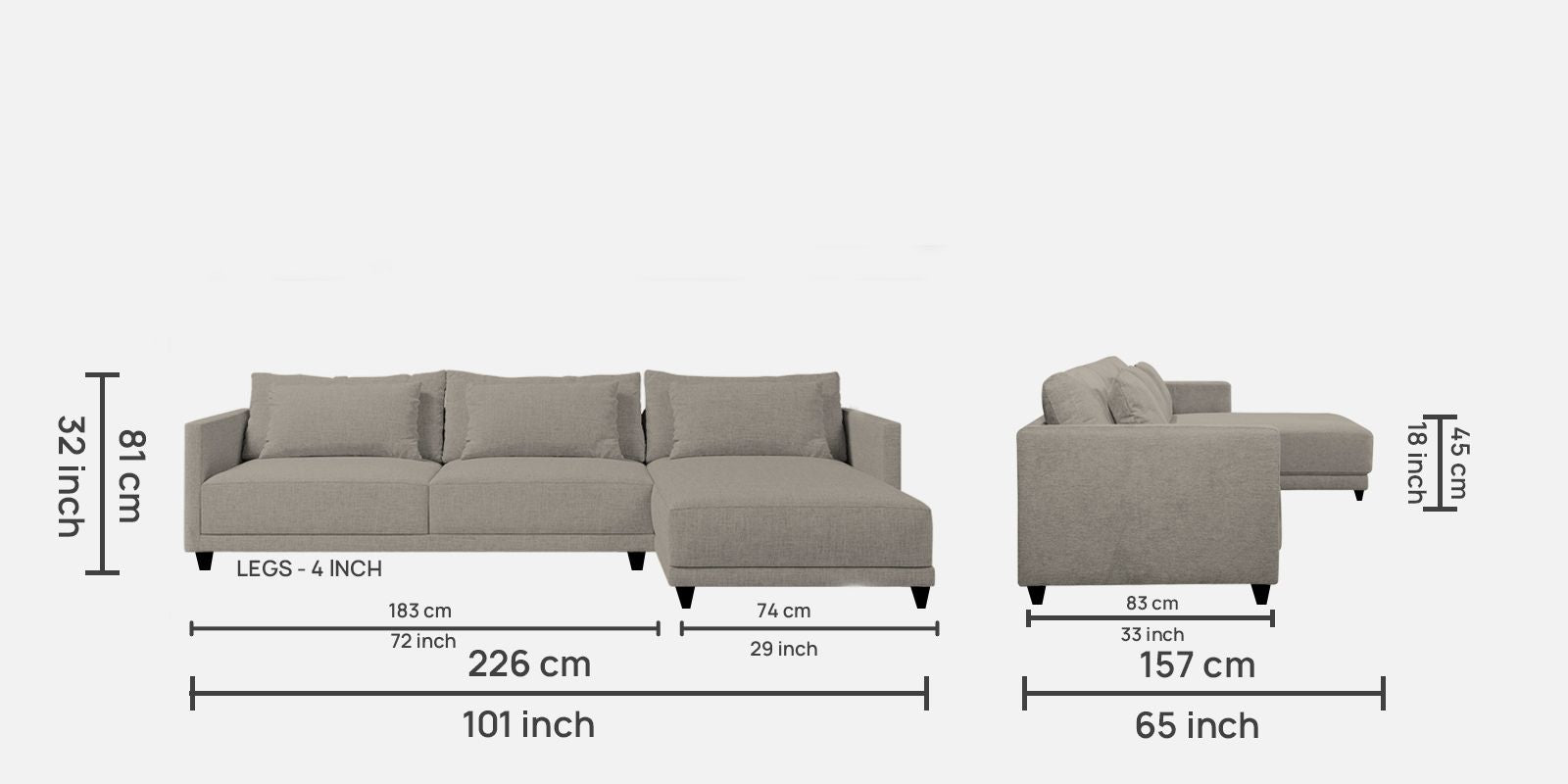 Kera Fabric LHS Sectional Sofa (3+Lounger) In Ash Grey Colour - Febonic Living