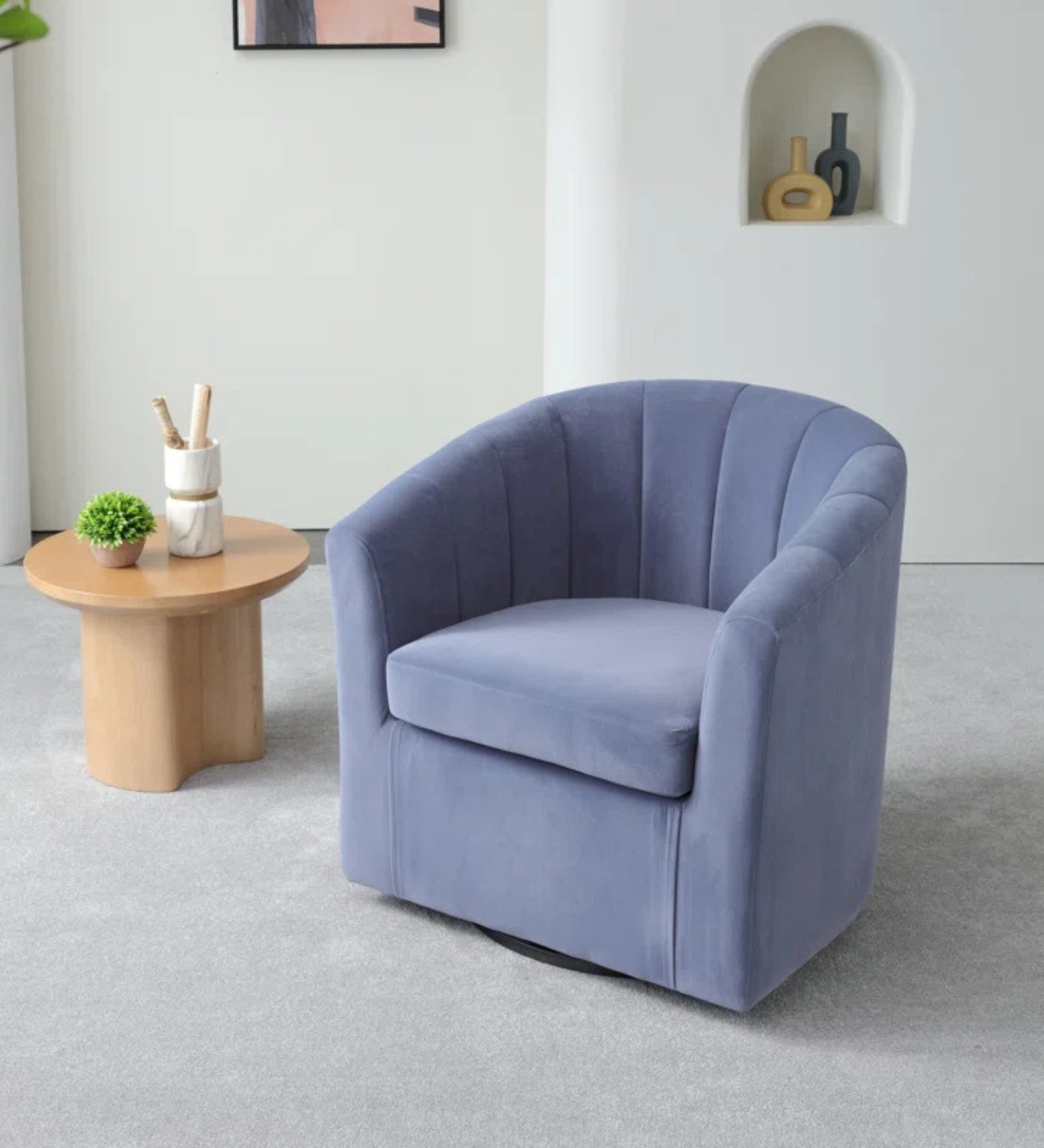 Cody Velvet Swivel Chair in Blue Colour