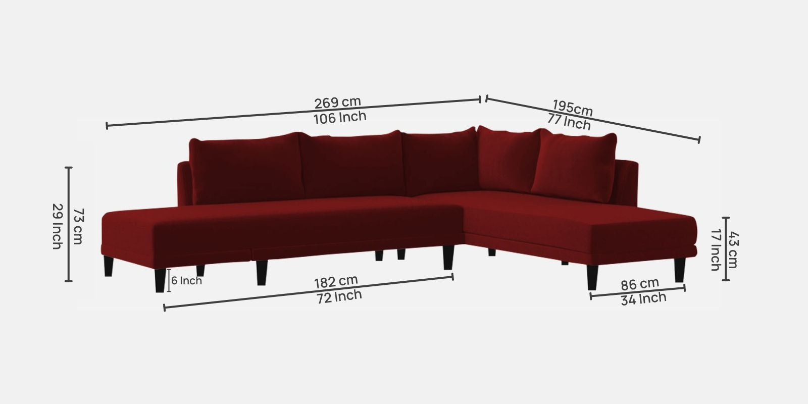 Ira Fabric LHS 6 Seater Convertible Sofa Cum Bed In Blood Maroon Colour - Febonic Living