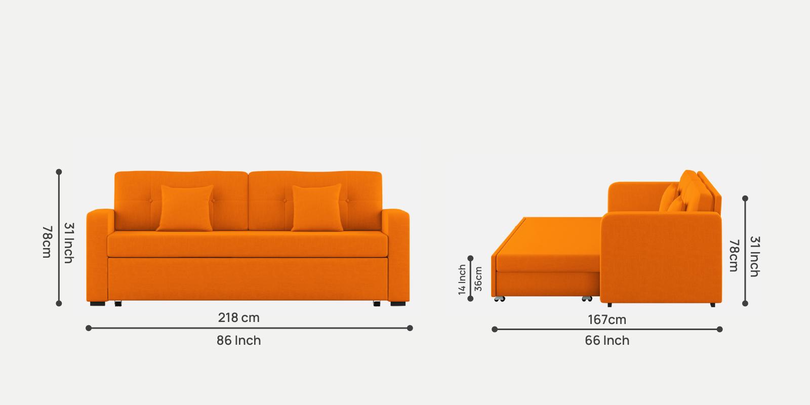 Rocky Fabric 3 Seater Pull Out Sofa Cum Bed In Vivid Orange Colour With Storage - Febonic Living
