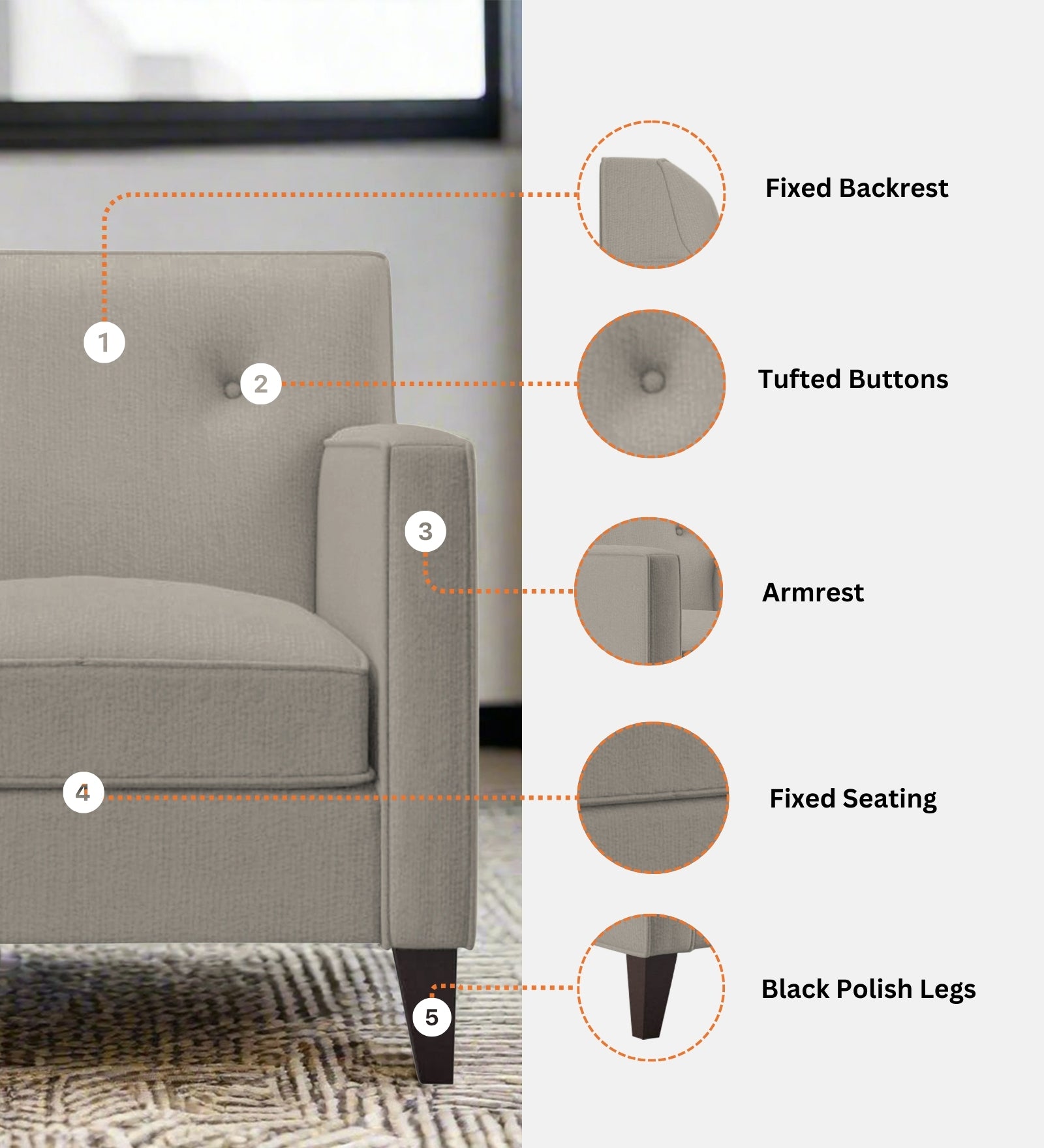 Miller Fabric 1 Seater Sofa In Cookie Beige Colour - Febonic Living